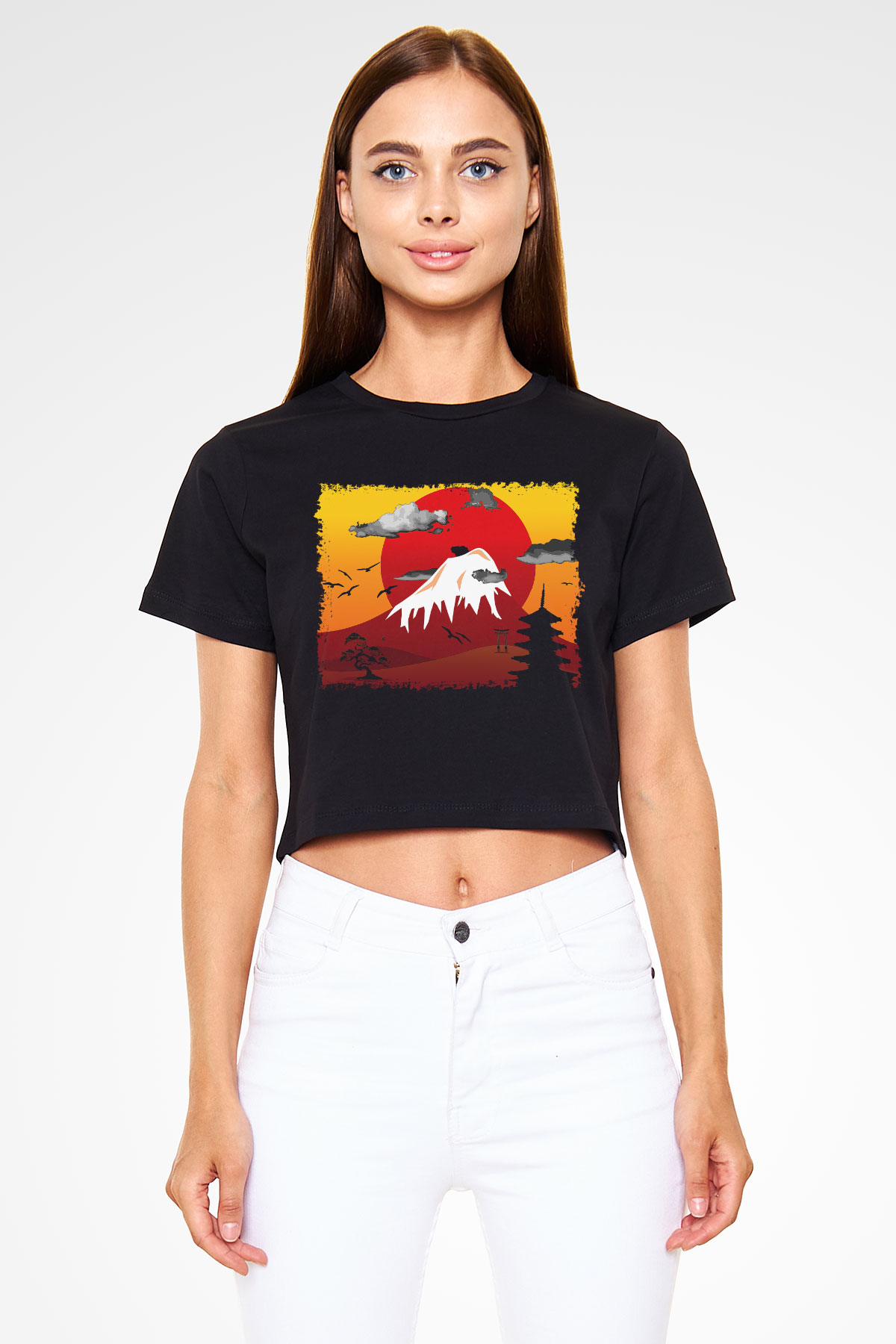 Fuji Dağı Siyah Crop Top Tişört