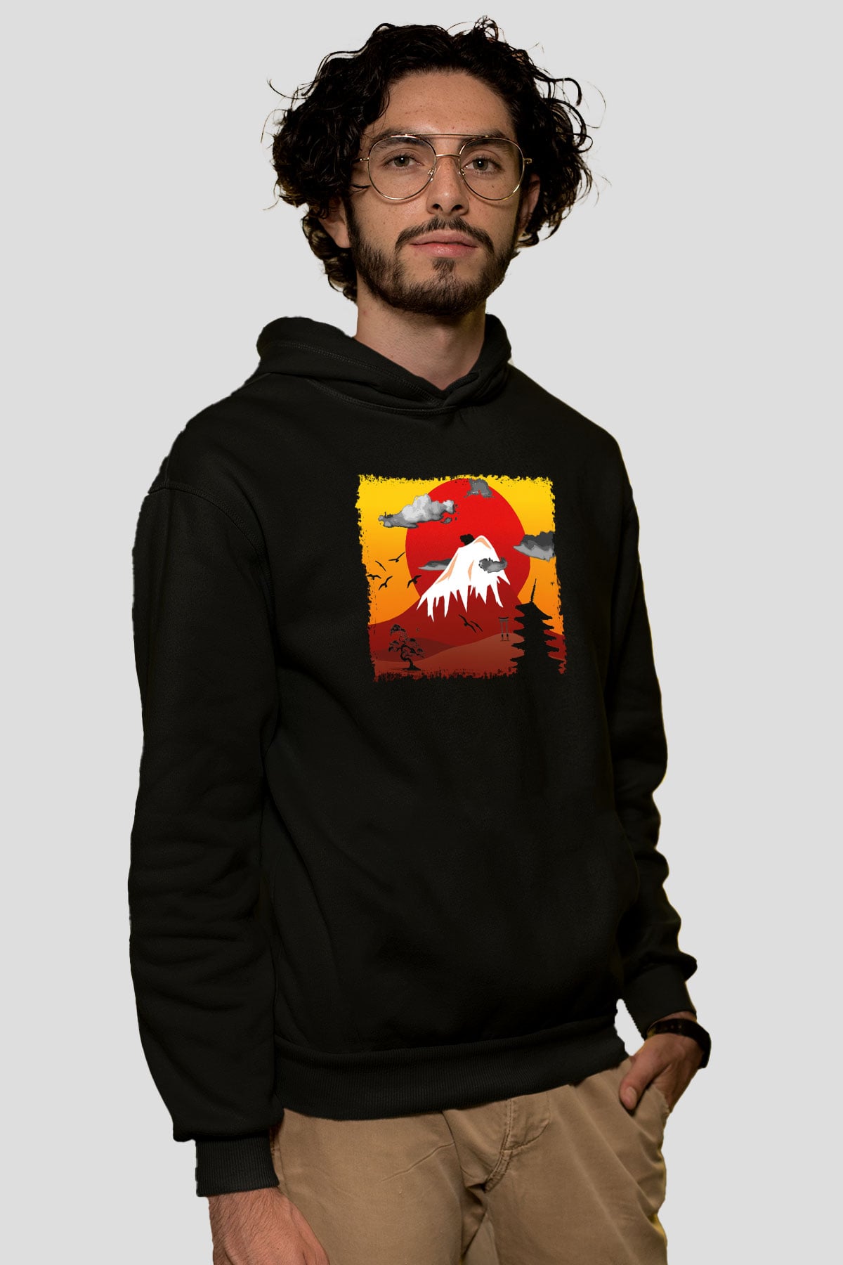 Fuji Dağı Siyah Unisex Hoodie