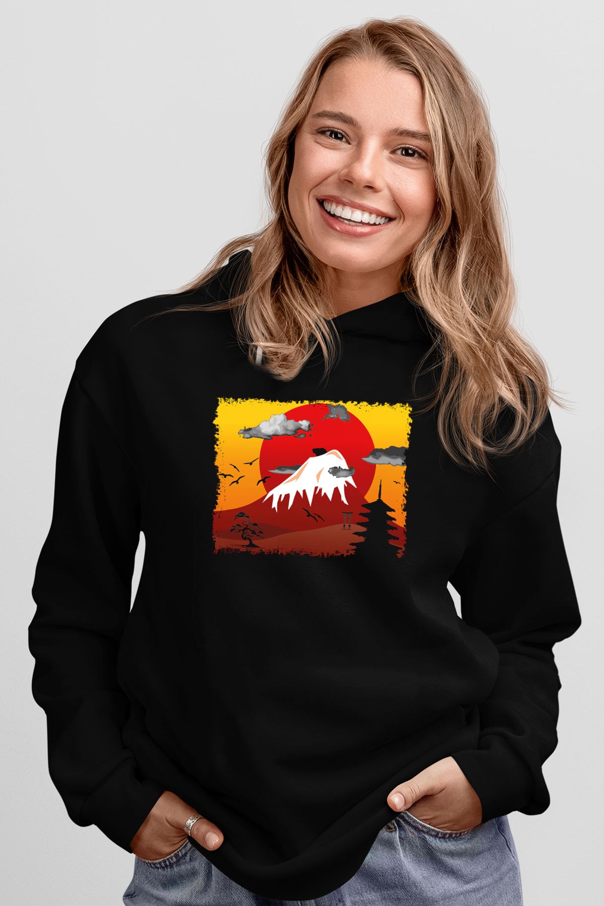Fuji Dağı Siyah Unisex Hoodie