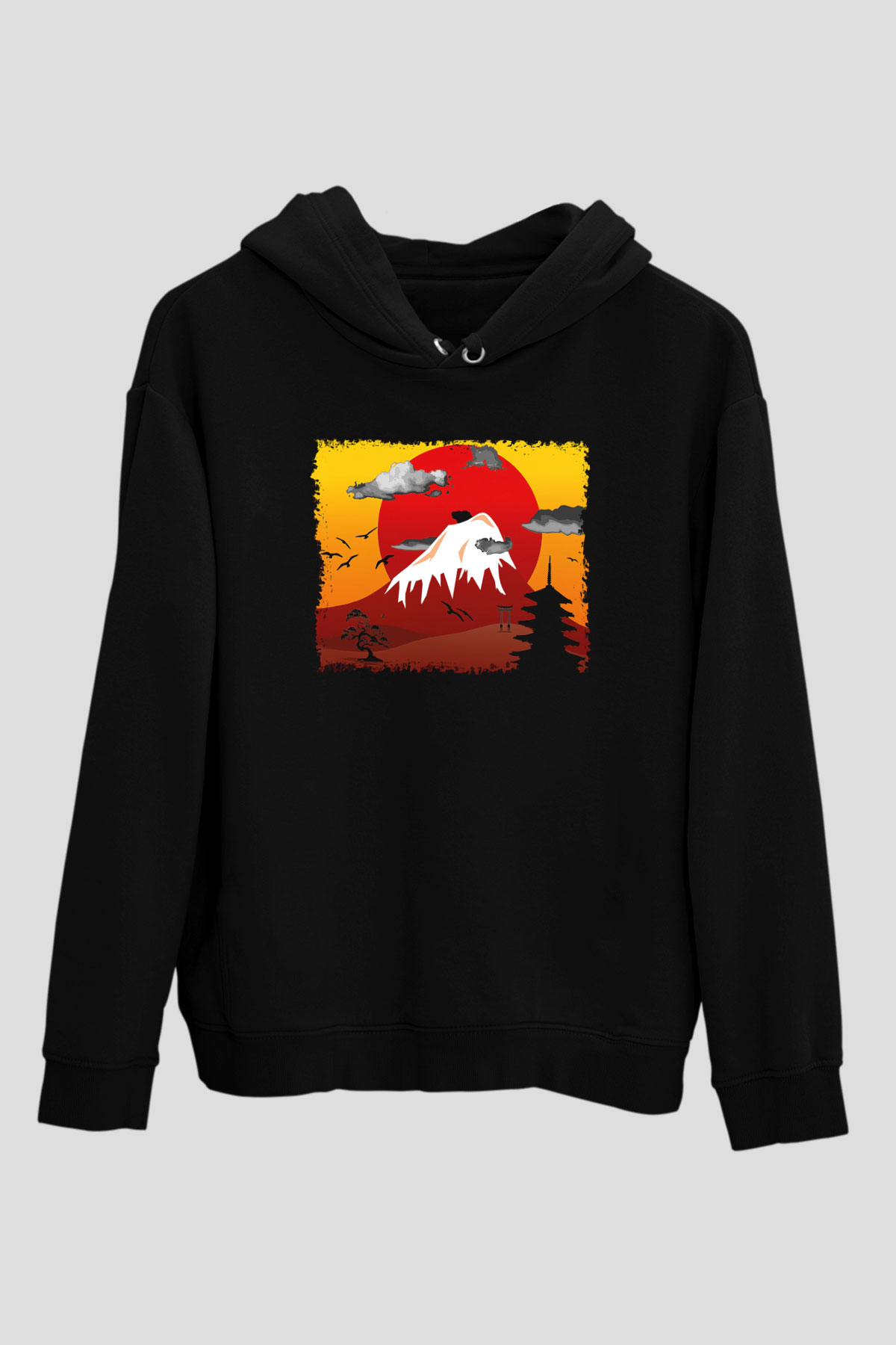 Fuji Dağı Siyah Unisex Hoodie