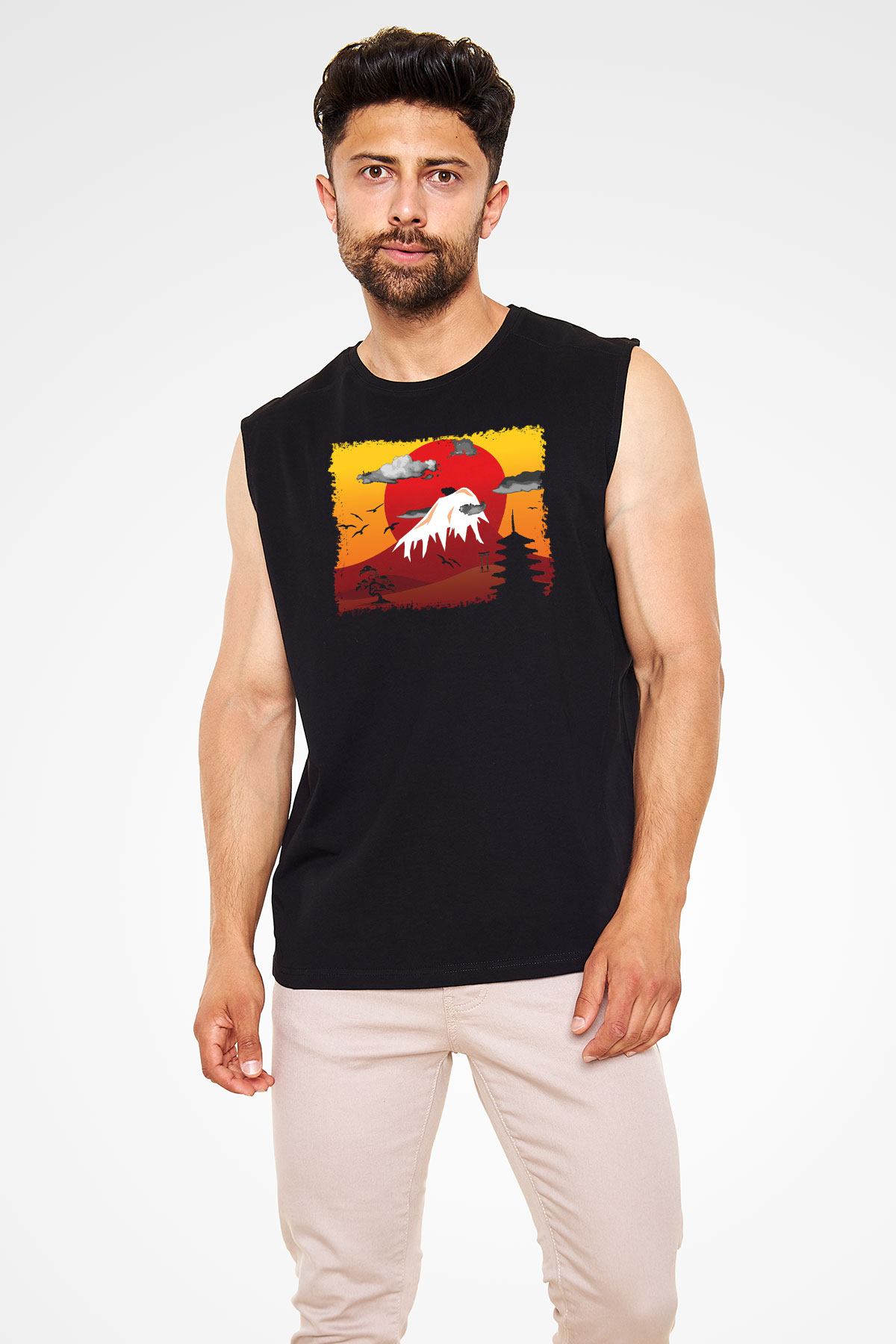 Fuji Dağı Siyah Unisex Kolsuz Tişört