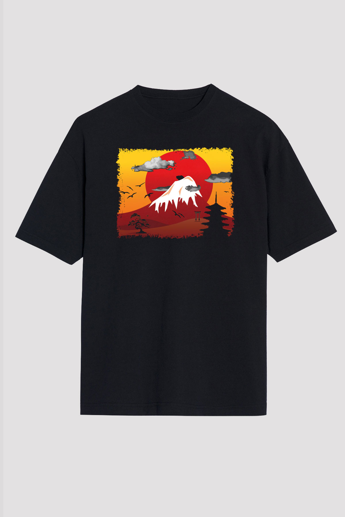 Fuji Dağı Siyah Unisex Oversize Tişört T-Shirt