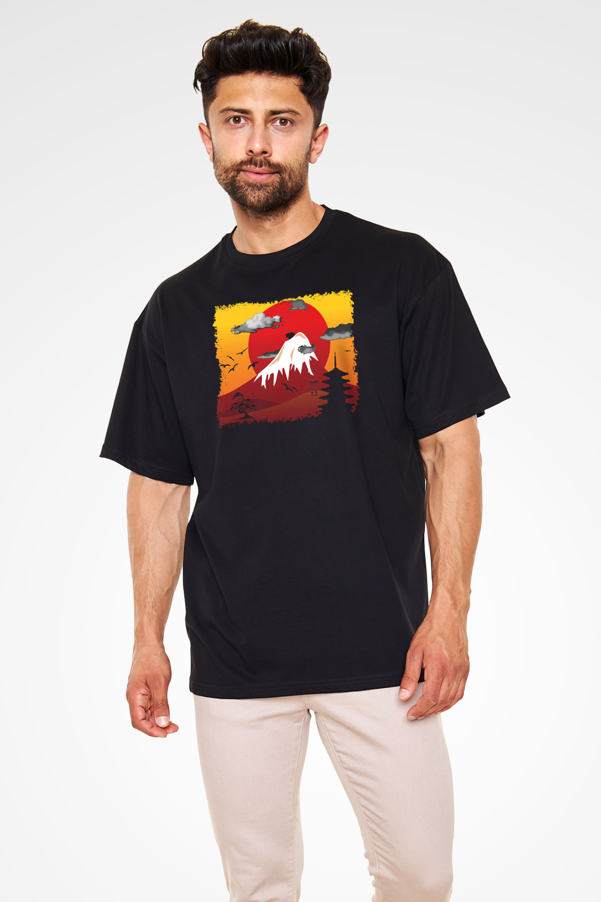 Fuji Dağı Siyah Unisex Oversize Tişört T-Shirt