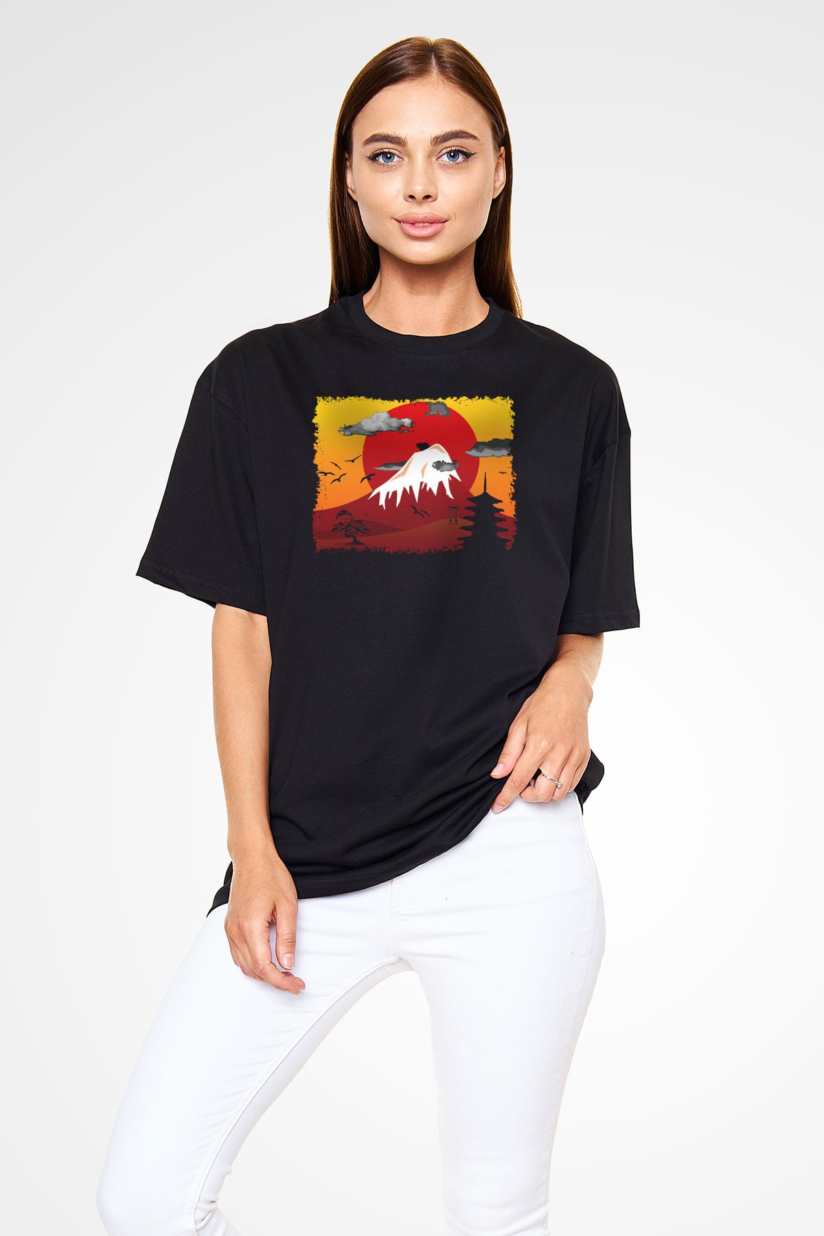 Fuji Dağı Siyah Unisex Oversize Tişört T-Shirt