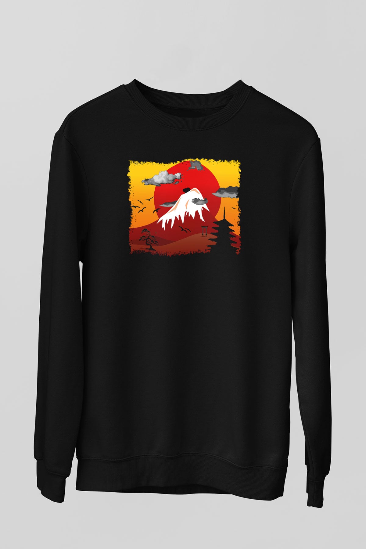 Fuji Dağı Siyah Unisex Sweatshirt