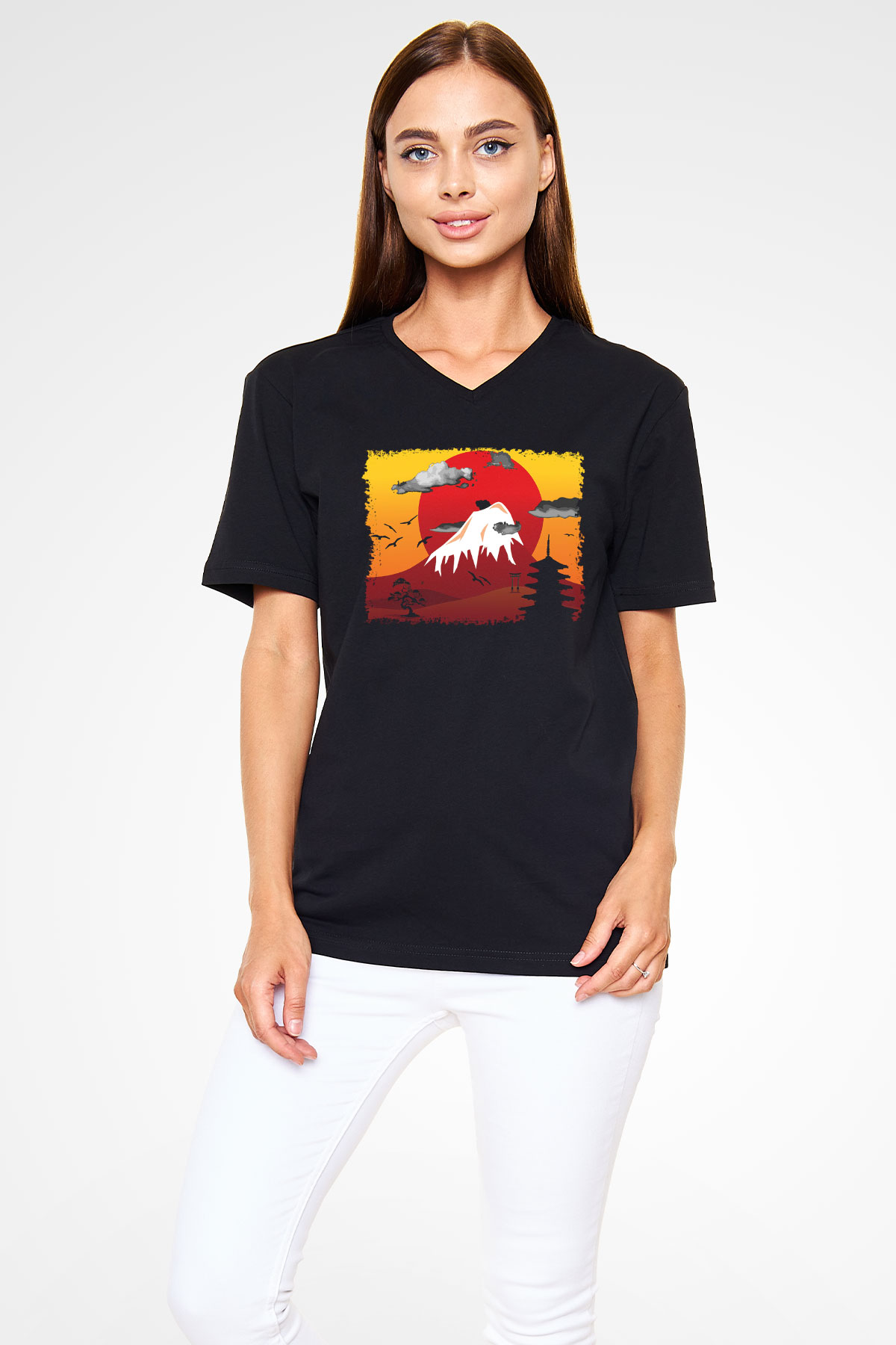 Fuji Dağı Siyah Unisex V Yaka Tişört T-Shirt