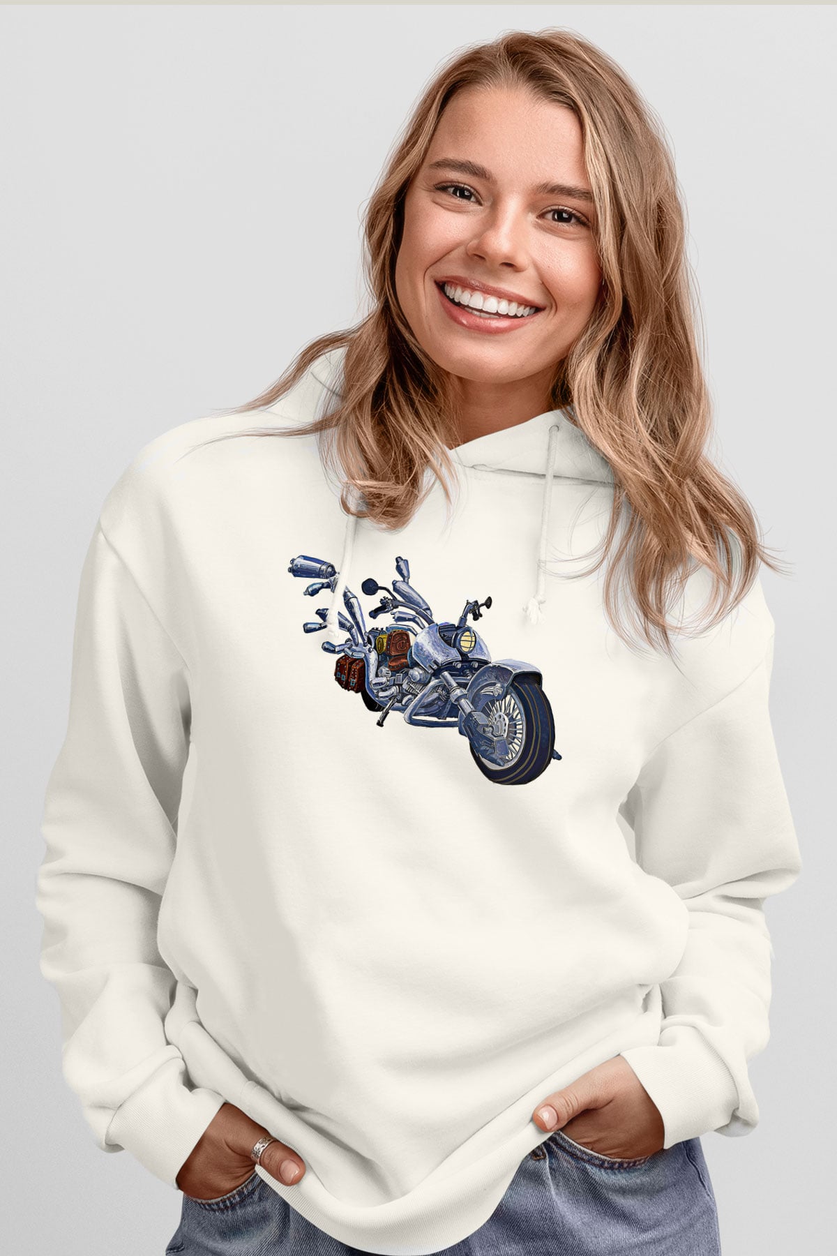 Full Throttle Baskılı Beyaz Unisex Kapüşonlu Sweatshirt