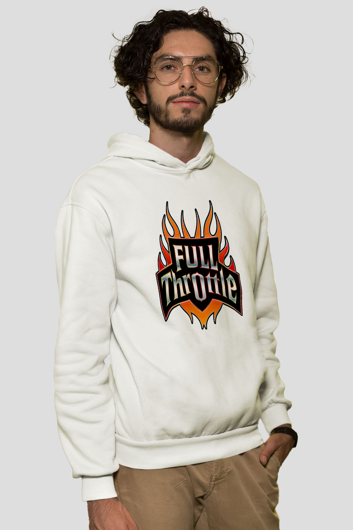 Full Throttle Baskılı Beyaz Unisex Kapüşonlu Sweatshirt