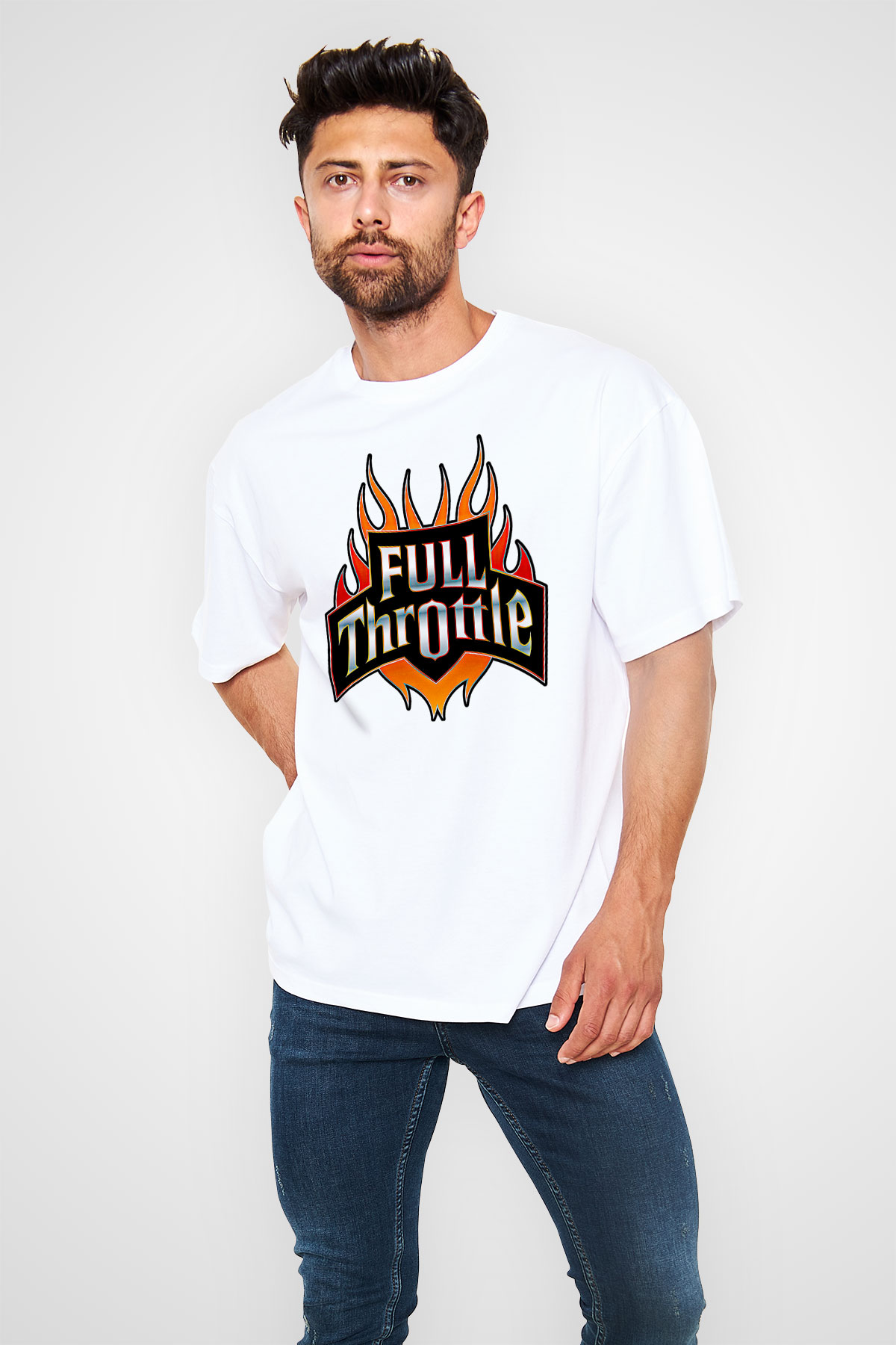 Full Throttle Baskılı Beyaz Unisex Oversize Tişört - Tshirt