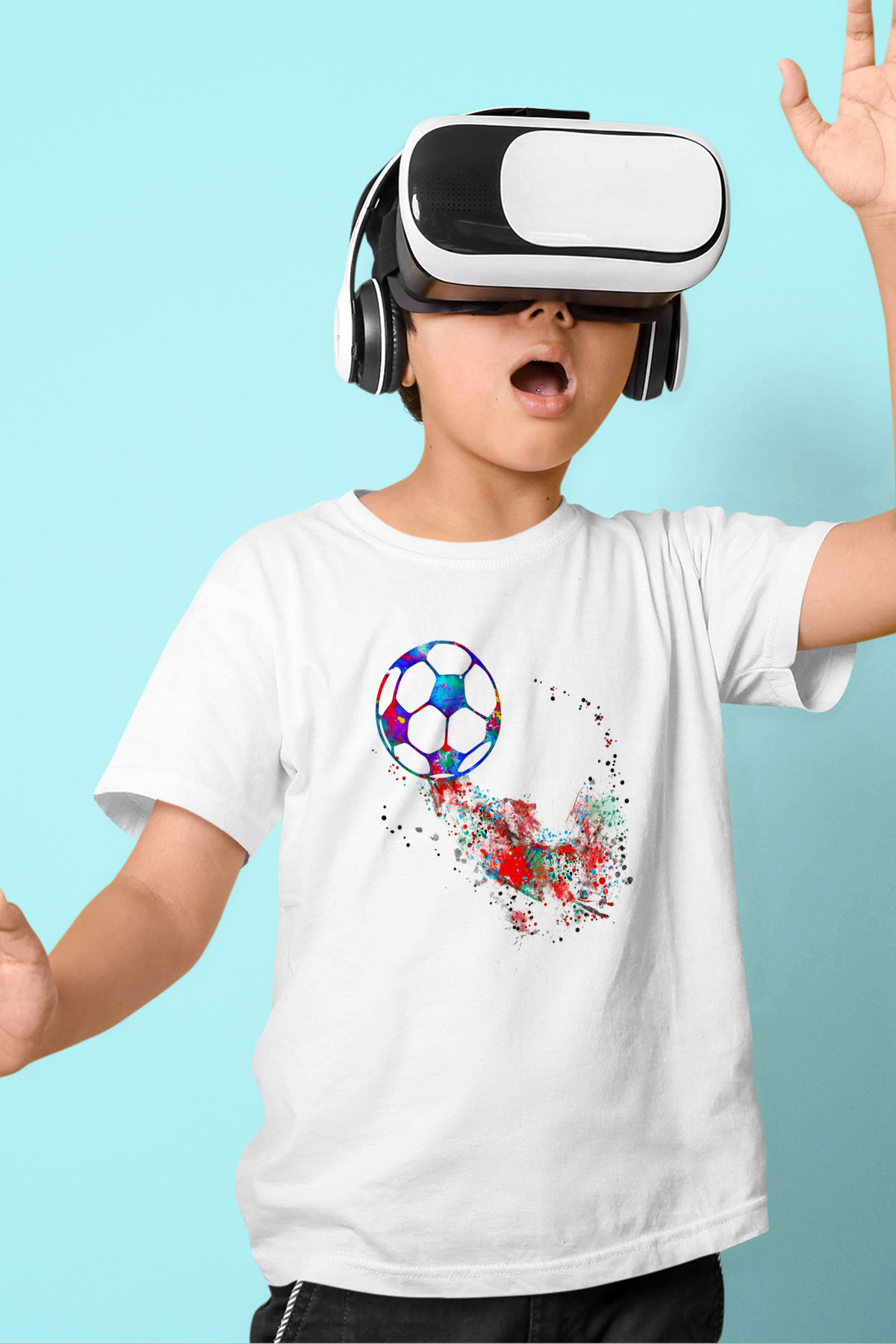 Futbol Baskılı Unisex Beyaz Çocuk Tişört - Tshirt