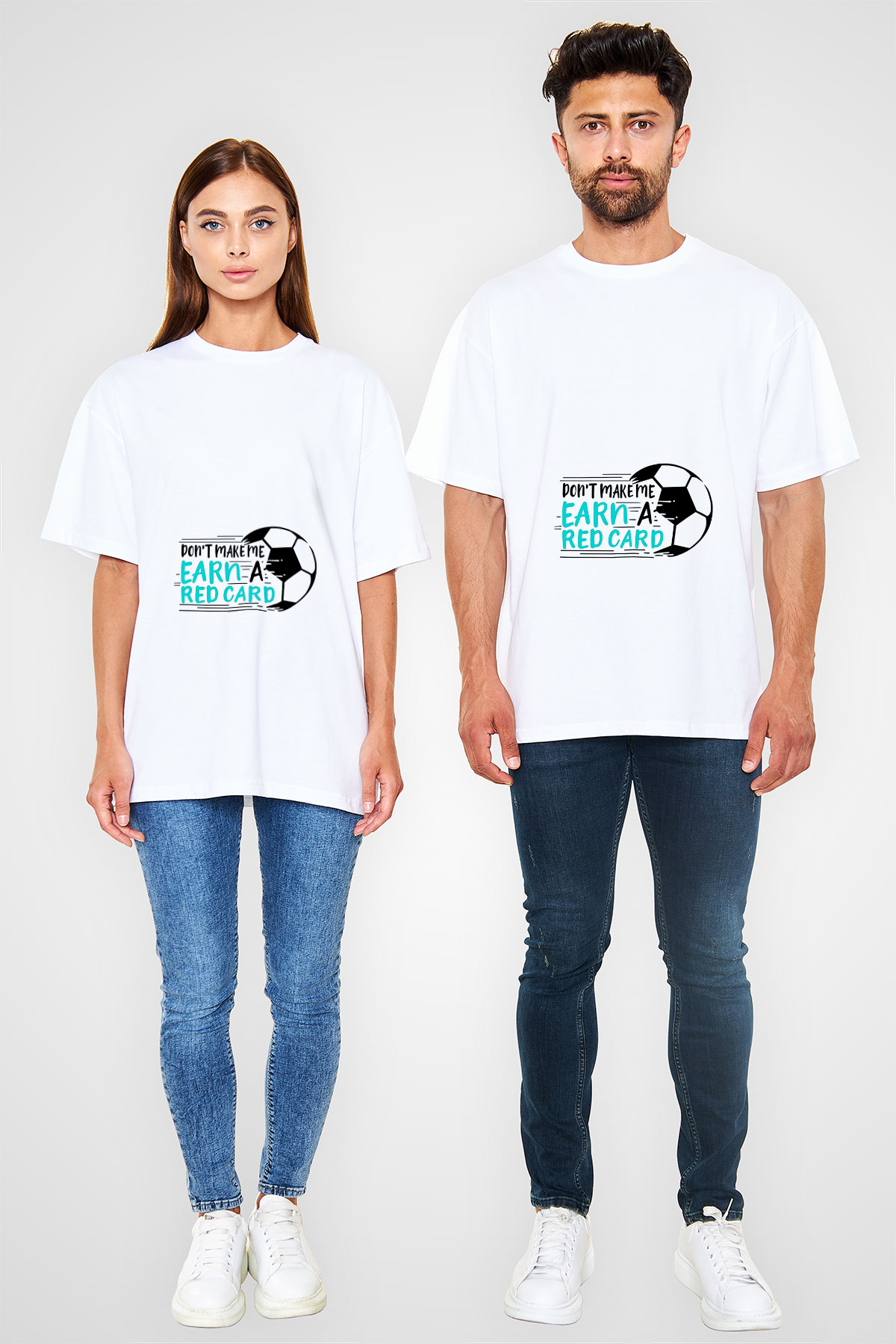 Futbol Baskılı Unisex Beyaz Oversize Tişört - Tshirt
