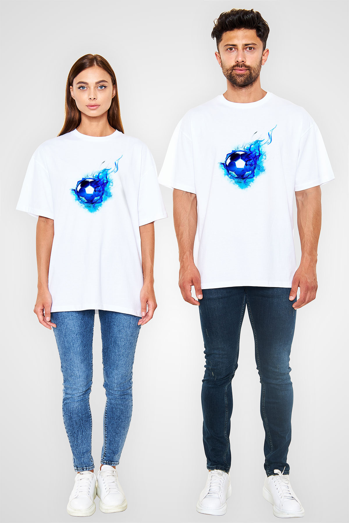 Futbol Baskılı Unisex Beyaz Oversize Tişört - Tshirt