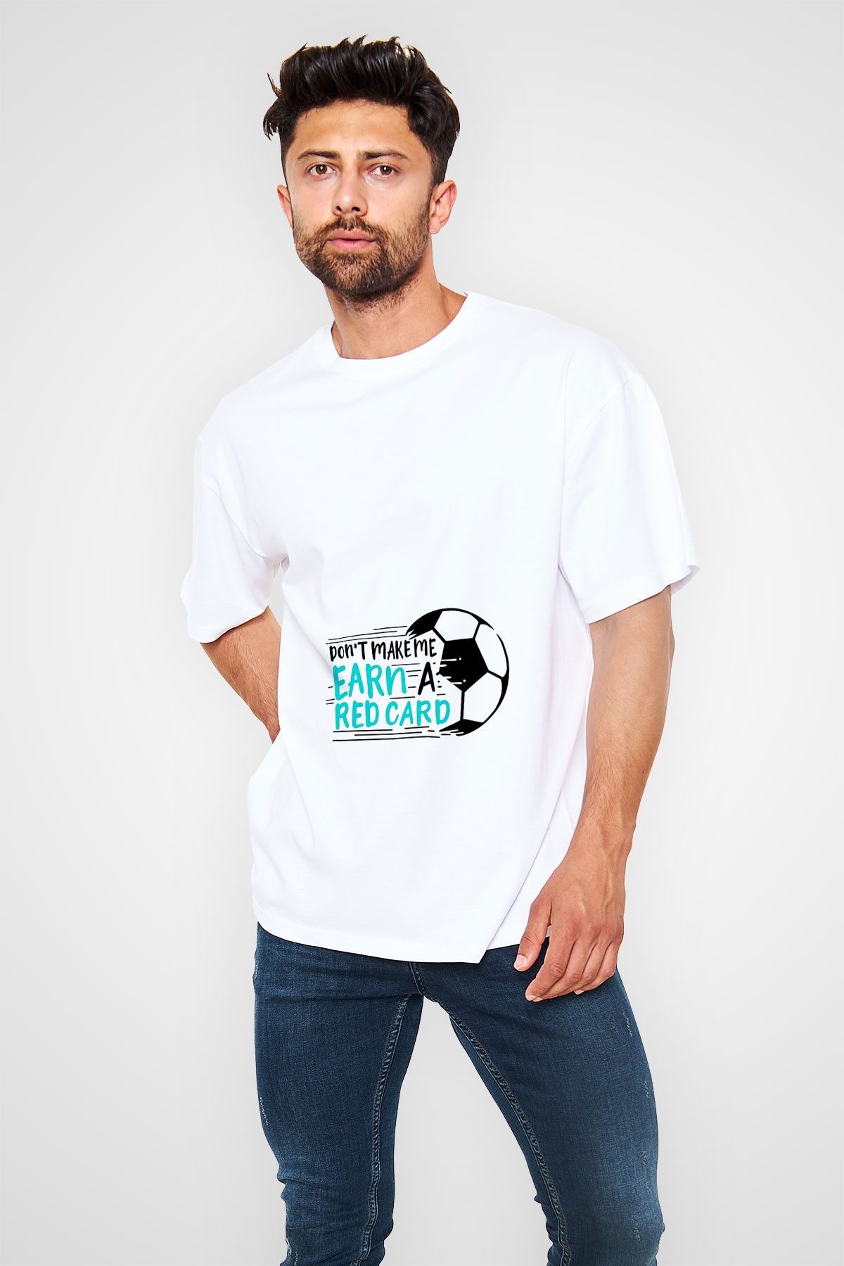 Futbol Baskılı Unisex Beyaz Oversize Tişört - Tshirt