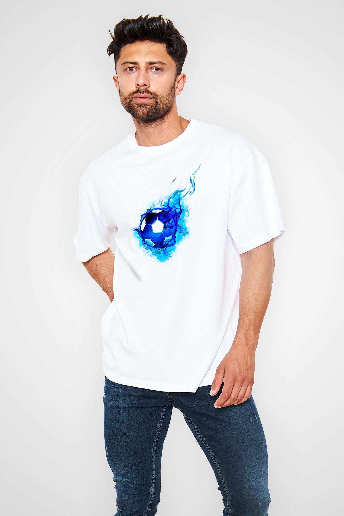 Futbol Baskılı Unisex Beyaz Oversize Tişört - Tshirt