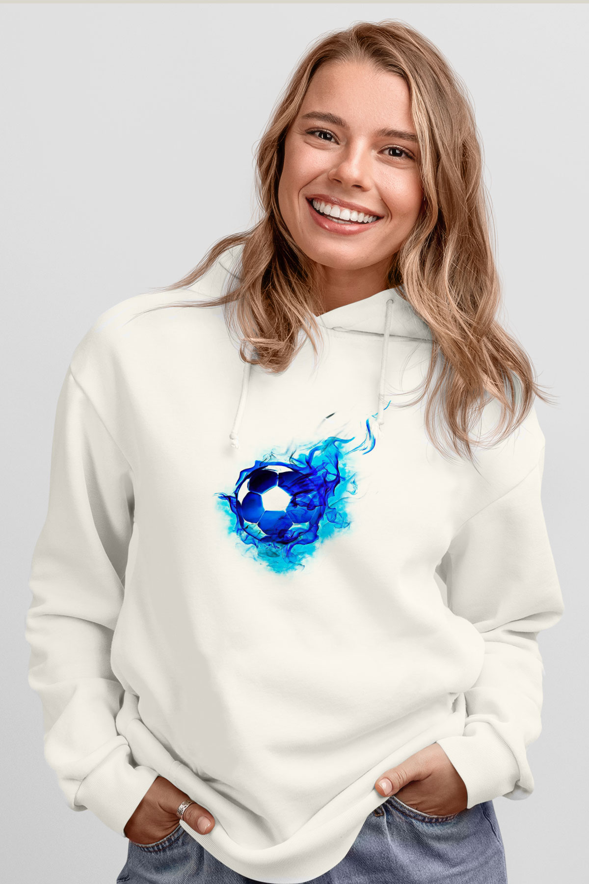 Futbol Baskılı Unisex Ekru Hoodie