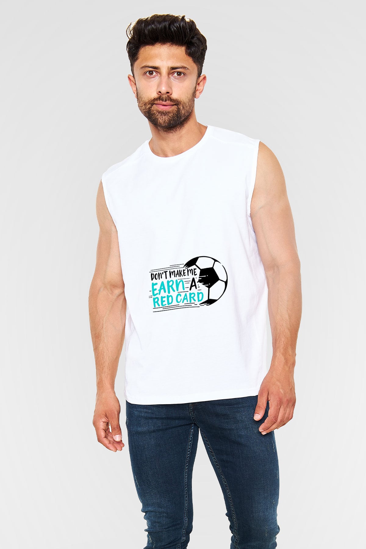 Futbol Baskılı Unisex Kolsuz Beyaz Tişört