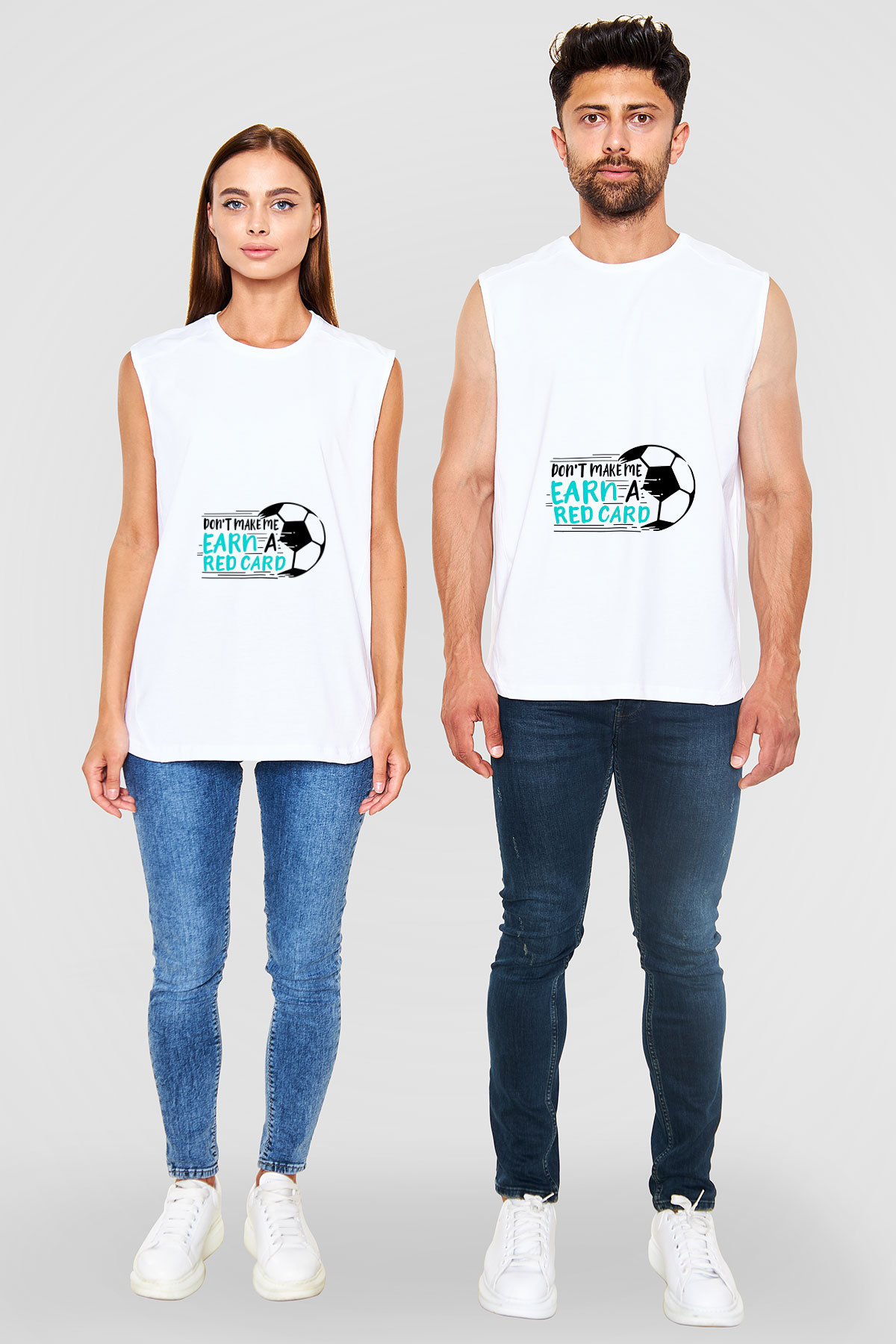 Futbol Baskılı Unisex Kolsuz Beyaz Tişört
