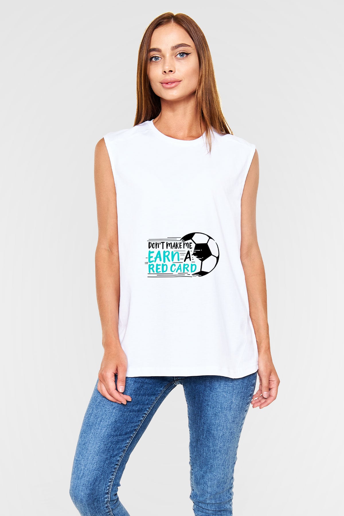 Futbol Baskılı Unisex Kolsuz Beyaz Tişört