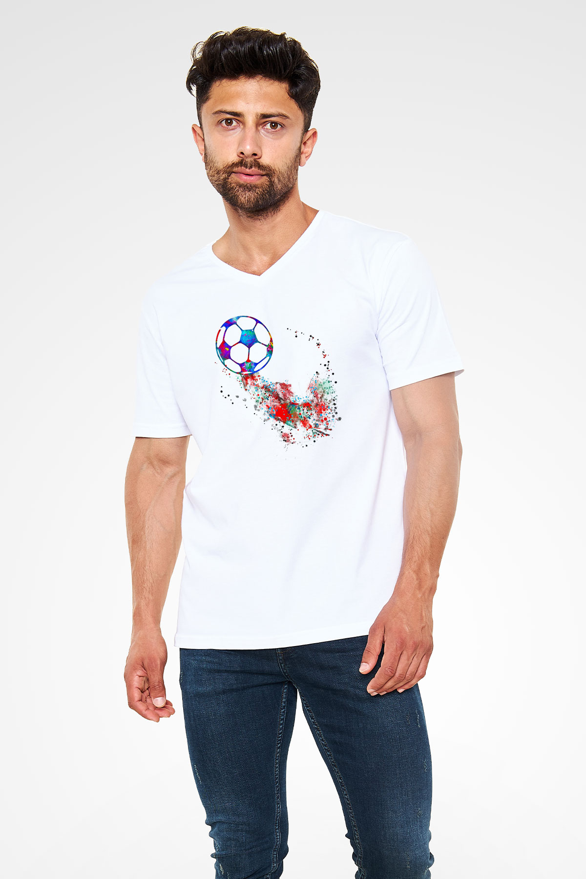 Futbol Baskılı Unisex V Yaka Tişört - Tshirt