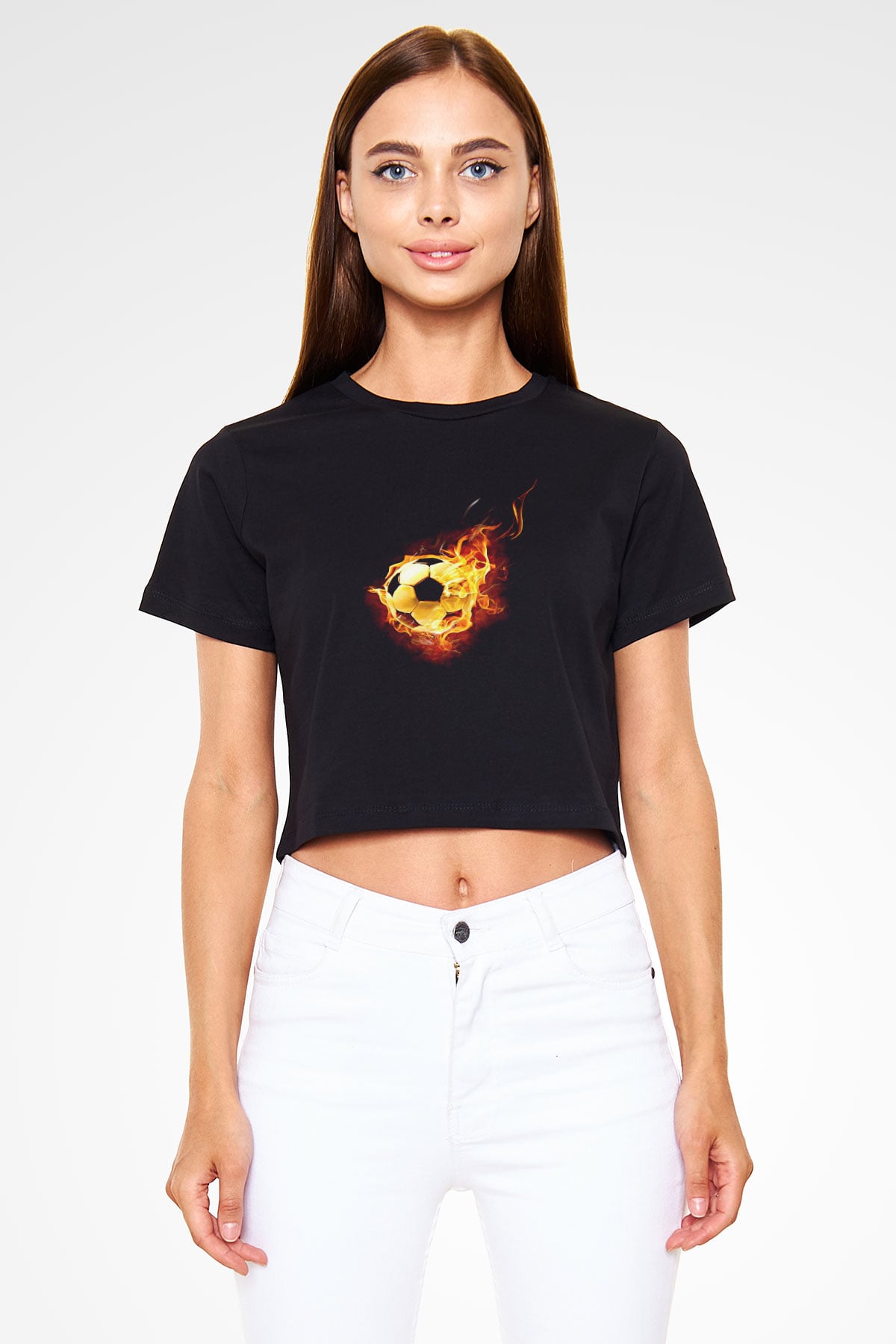 Futbol - Football Baskılı Crop Top Siyah Kadın Tişört - Tshirt