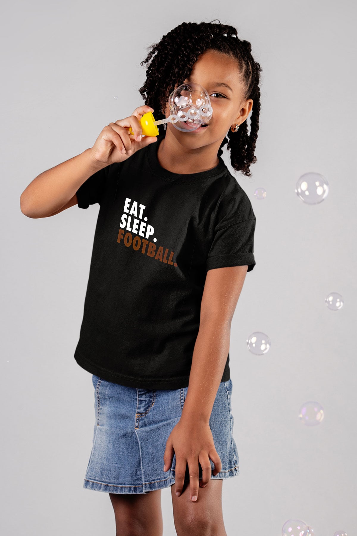 Futbol - Football Baskılı Unisex Siyah Çocuk Tİşörtü - Tshirt
