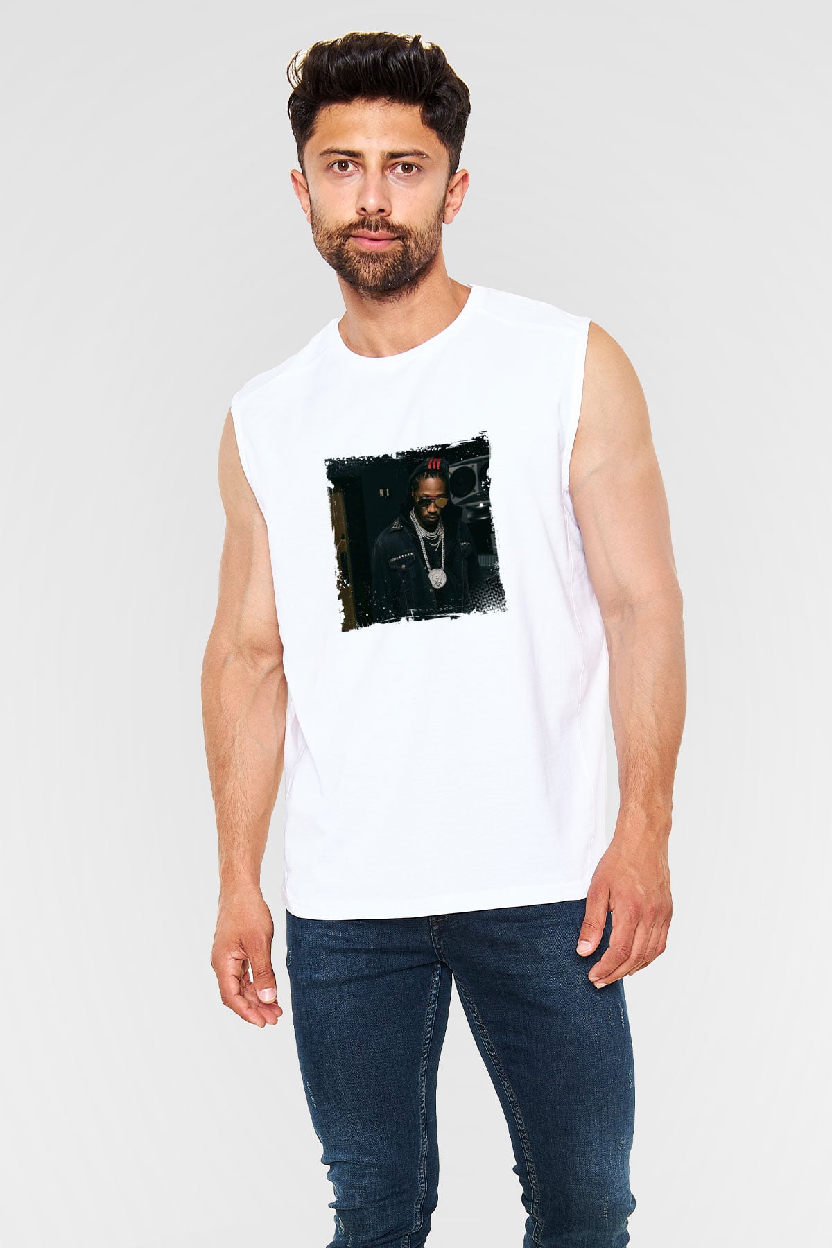 Future Baskılı Unisex Beyaz Kolsuz Tişört