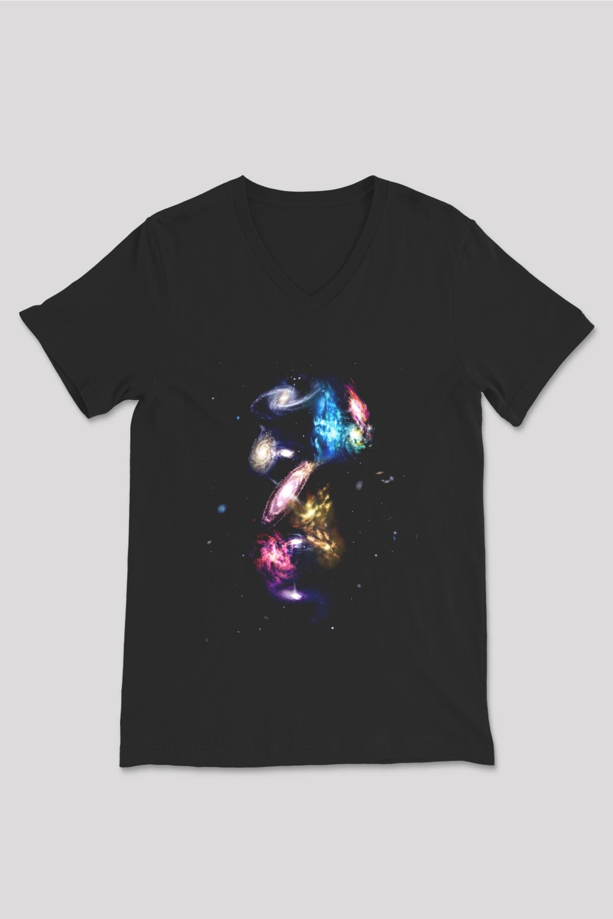 Galaksi Siyah Unisex V Yaka Tişört T-Shirt