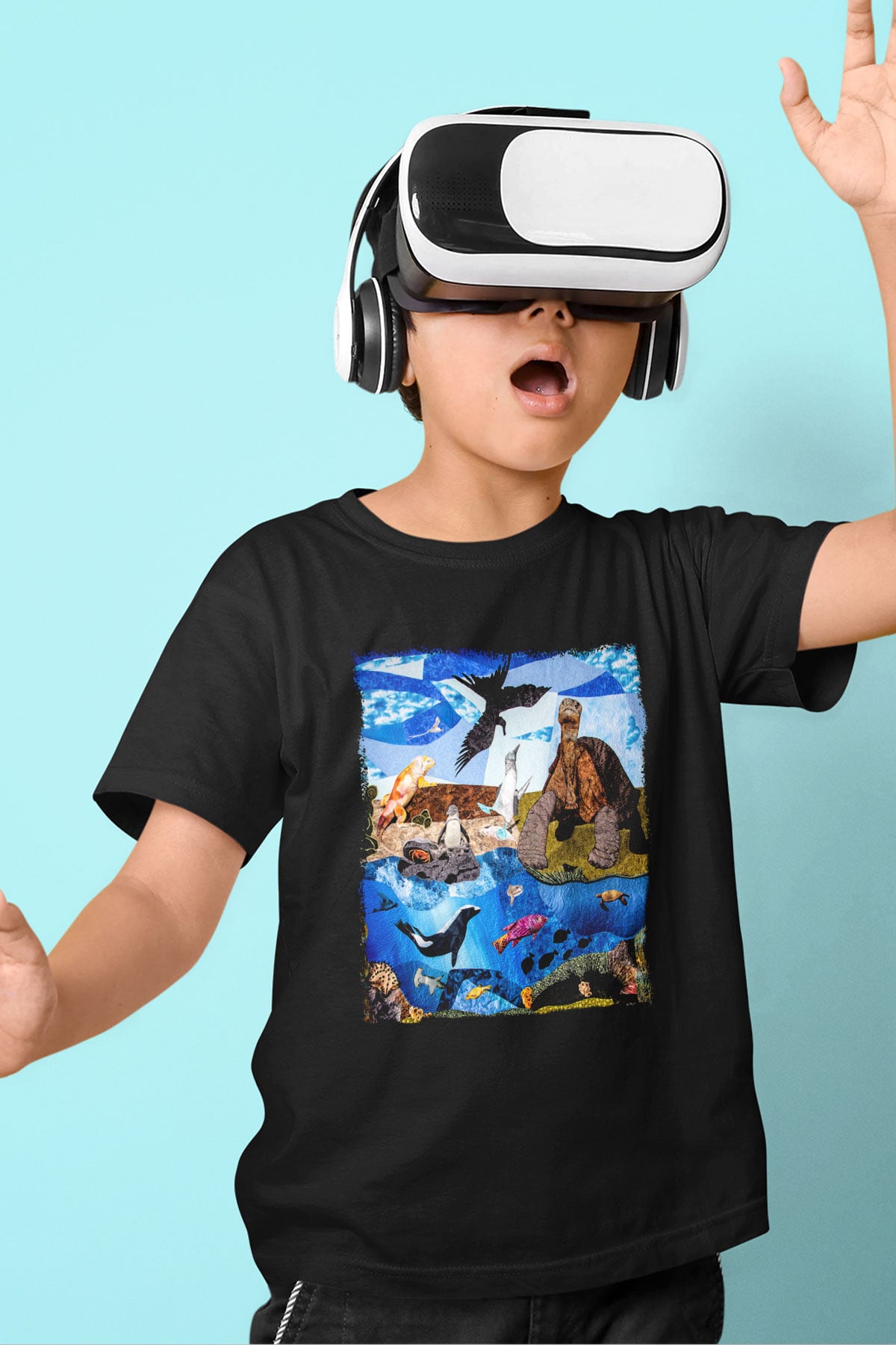 Galapagos Adaları Baskılı Siyah Unisex Çocuk Tişört