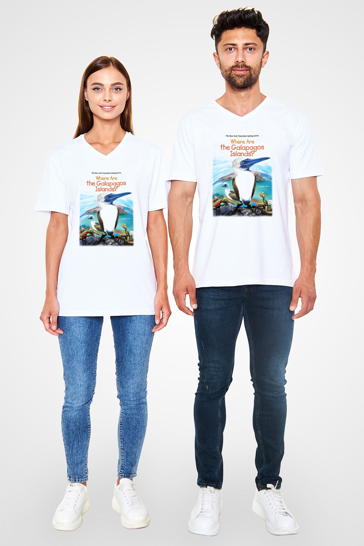 Galapagos Adaları Beyaz Unisex V Yaka Tişört T-Shirt