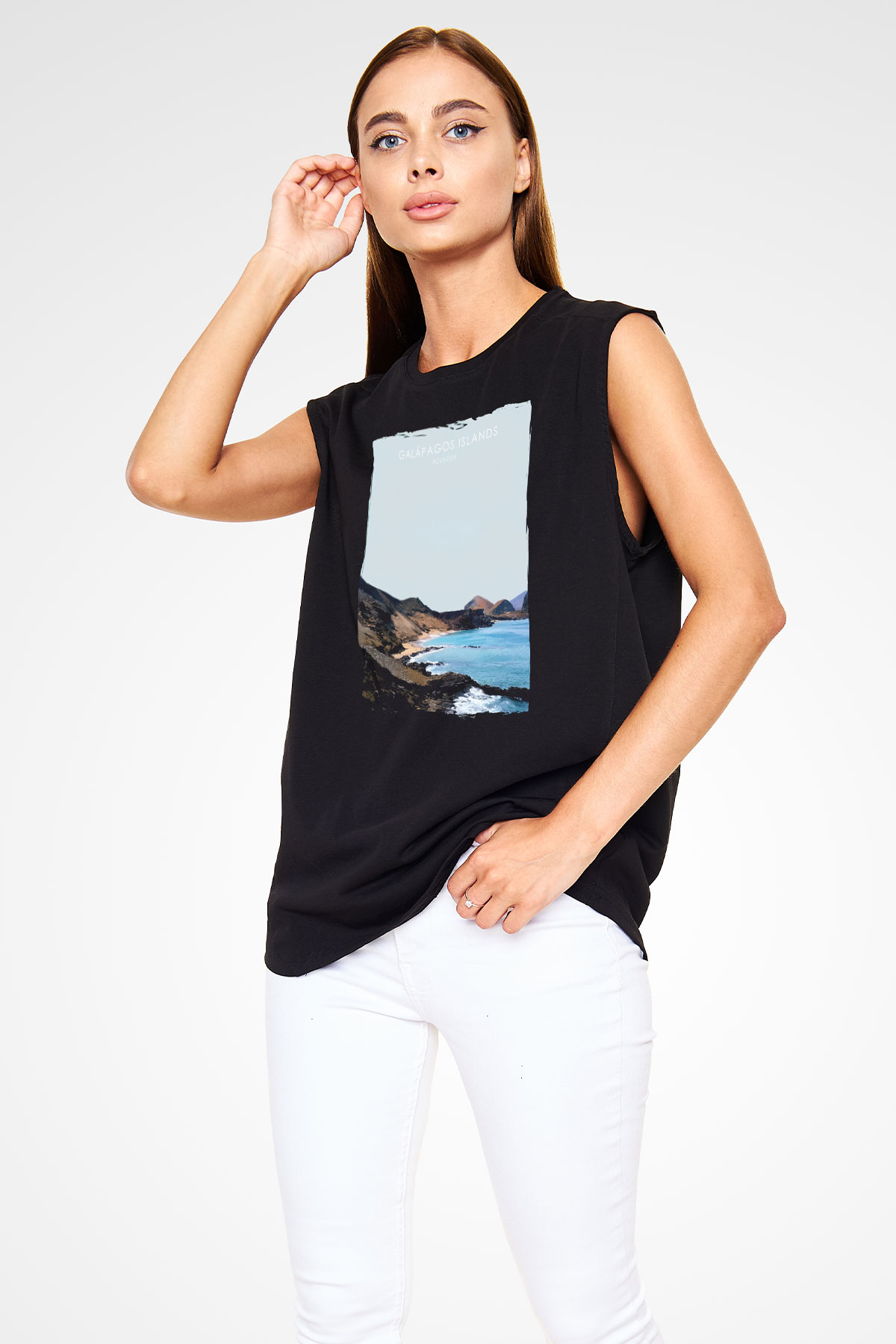 Galapagos Adaları Siyah Unisex Kolsuz Tişört