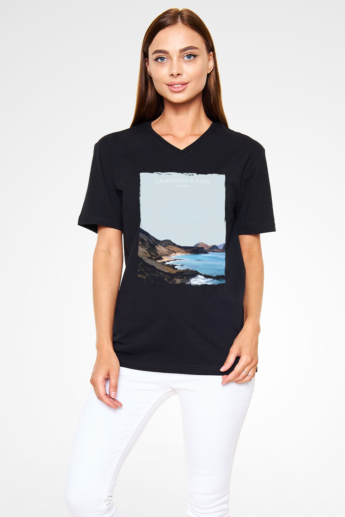 Galapagos Adaları Siyah Unisex V Yaka Tişört