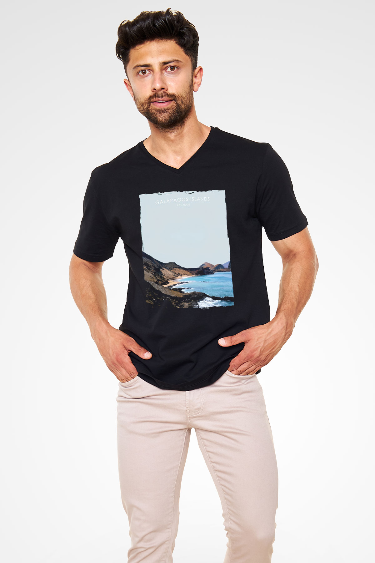 Galapagos Adaları Siyah Unisex V Yaka Tişört