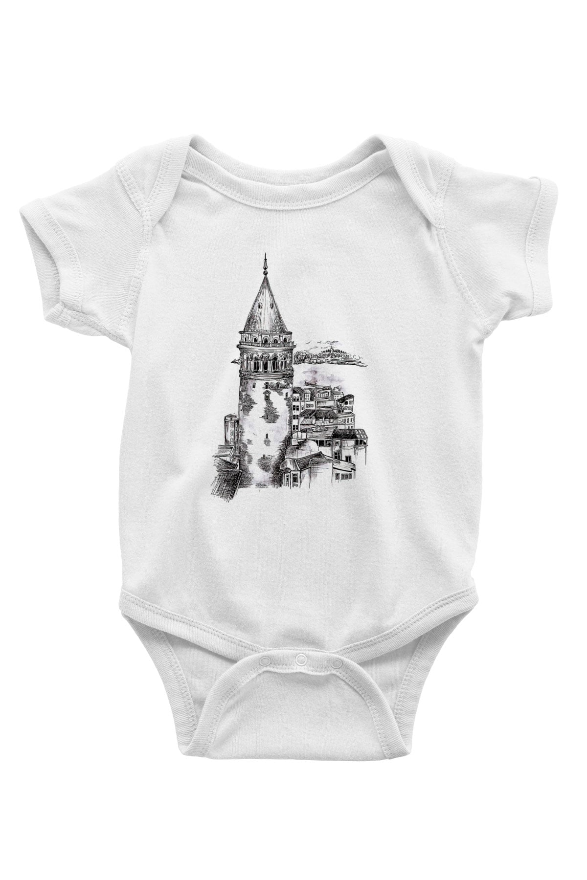 Galata Kulesi Baskılı Beyaz Unisex Bebek Body - Zıbın