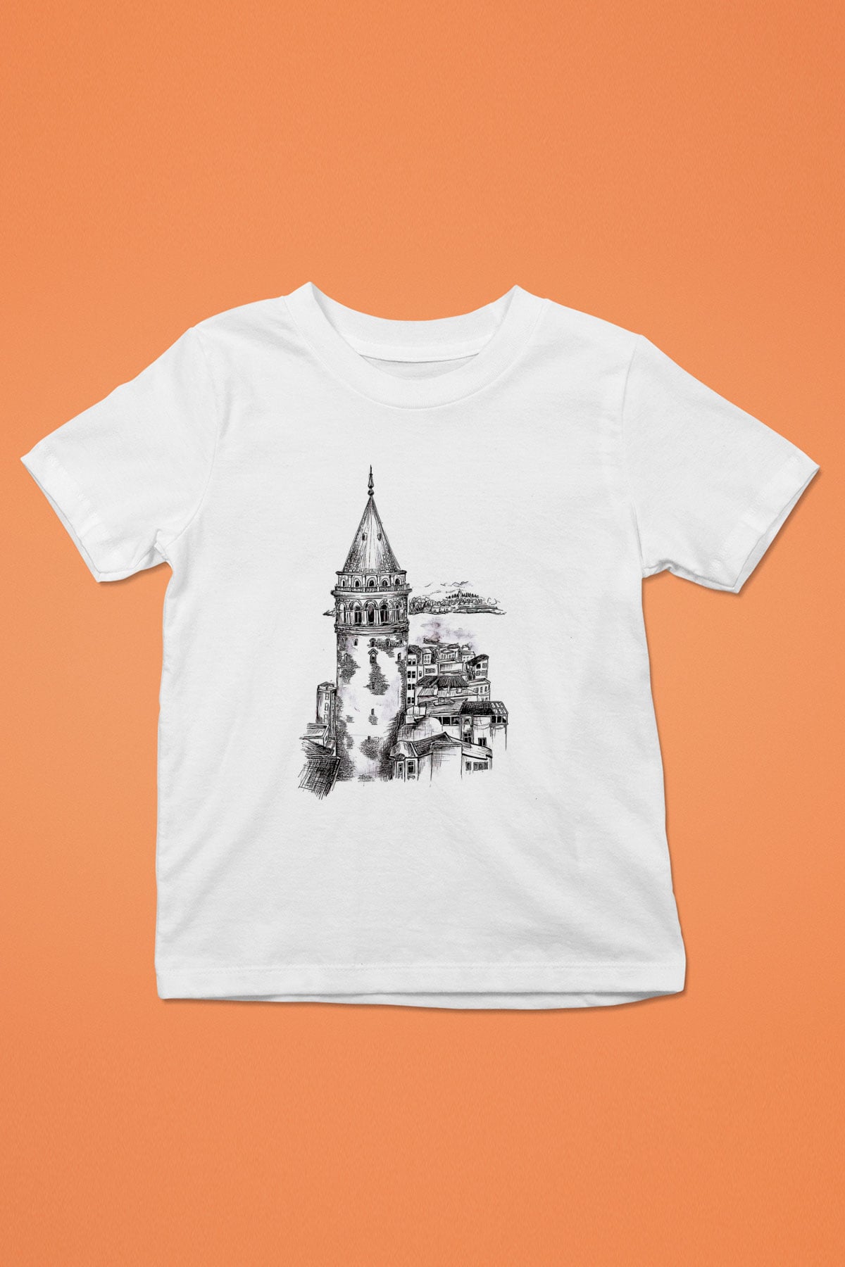 Galata Kulesi Baskılı Beyaz Unisex Beyaz Çocuk Tişört - Tshirt