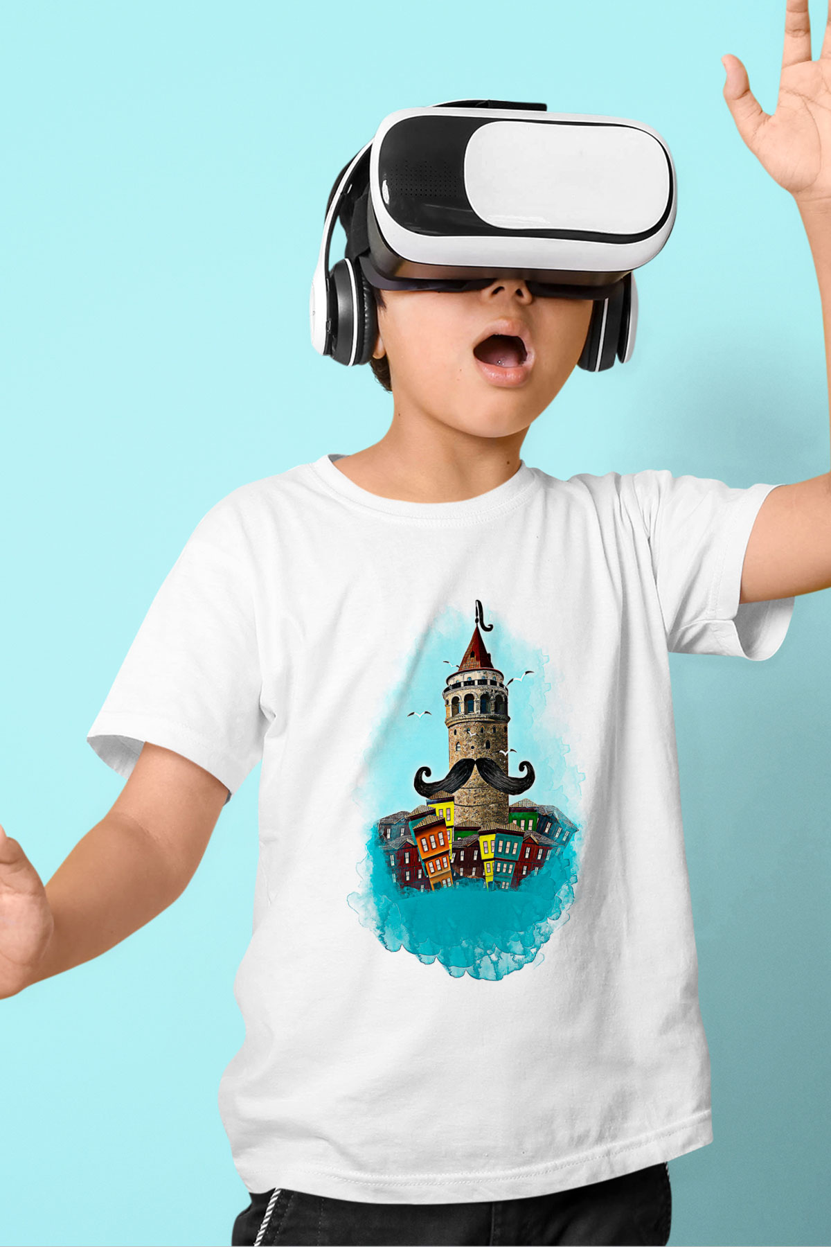 Galata Kulesi Baskılı Beyaz Unisex Beyaz Çocuk Tişört - Tshirt