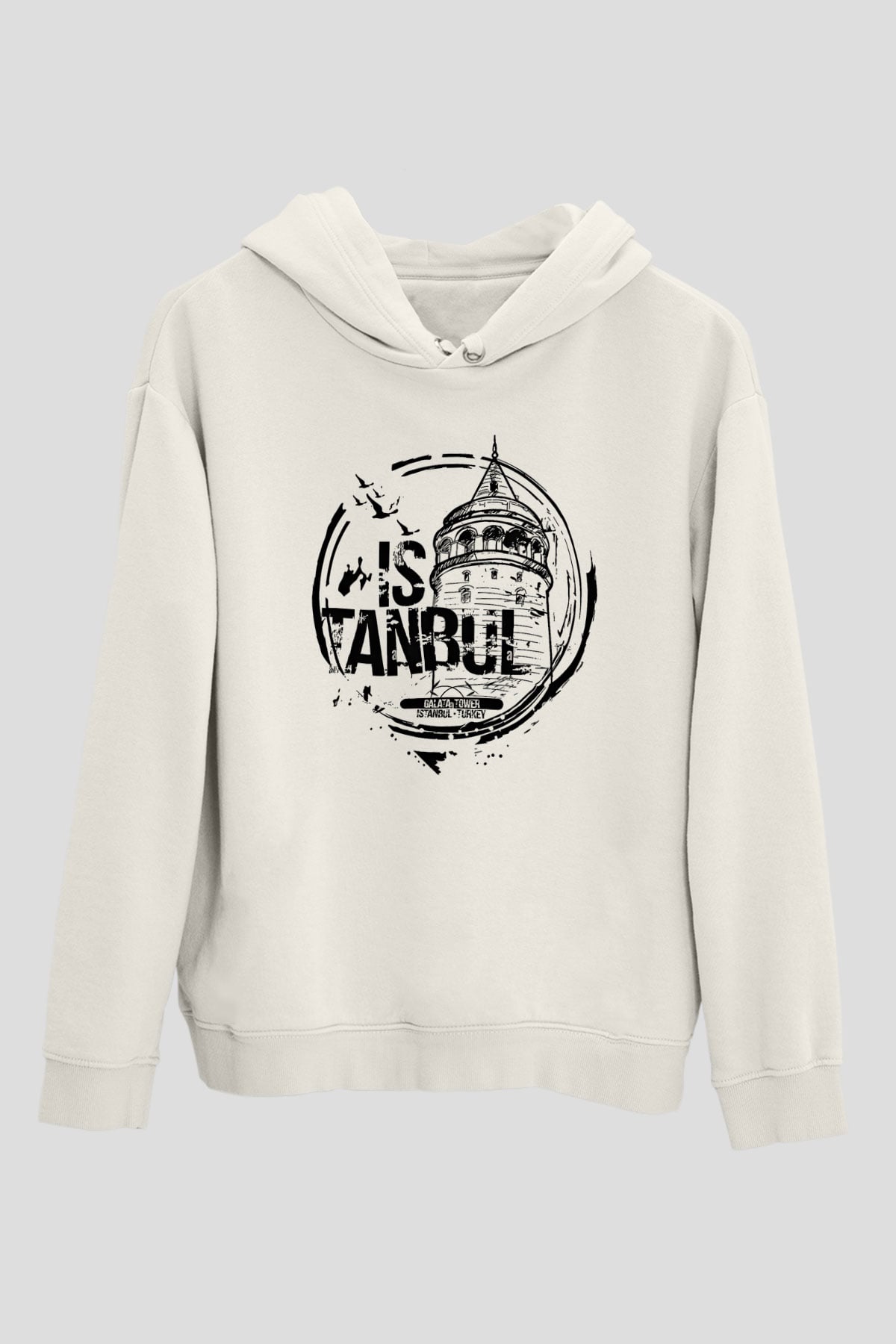 Galata Kulesi Baskılı Beyaz Unisex Hoodie