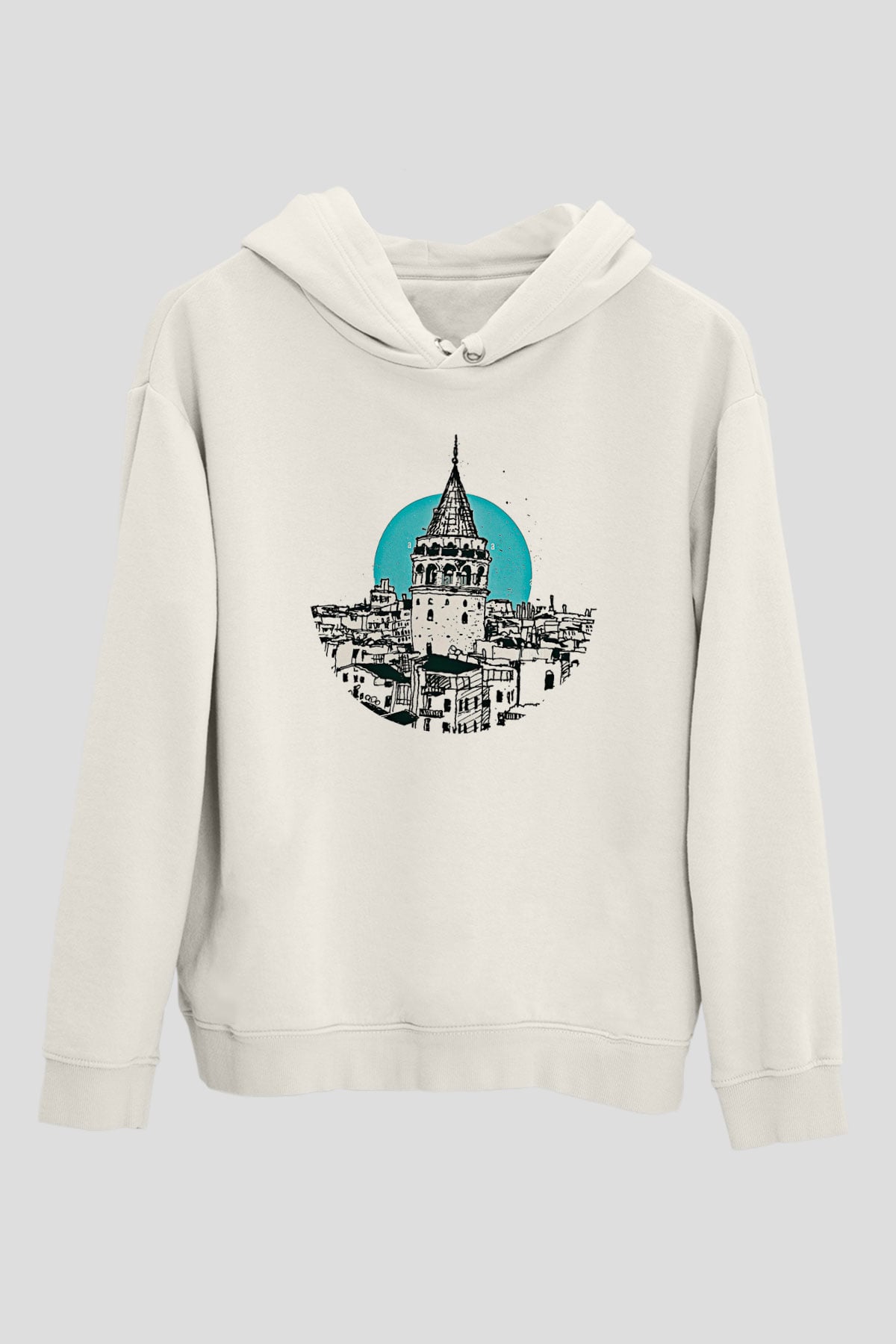 Galata Kulesi Baskılı Beyaz Unisex Hoodie
