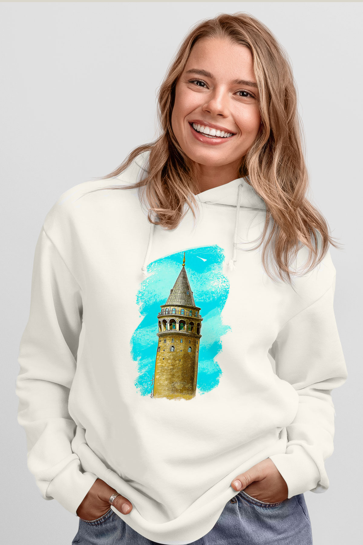 Galata Kulesi Baskılı Beyaz Unisex Hoodie