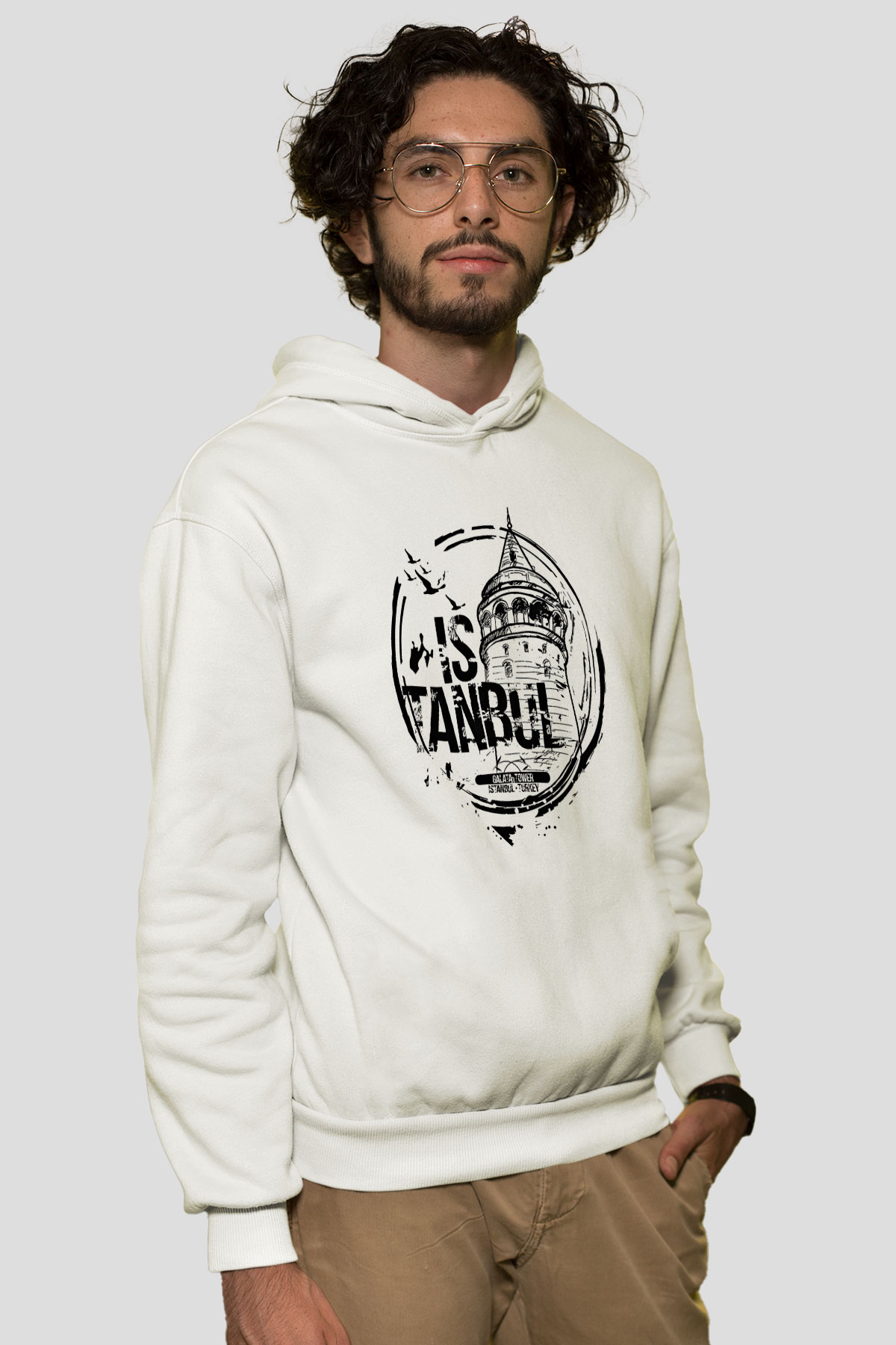 Galata Kulesi Baskılı Beyaz Unisex Hoodie