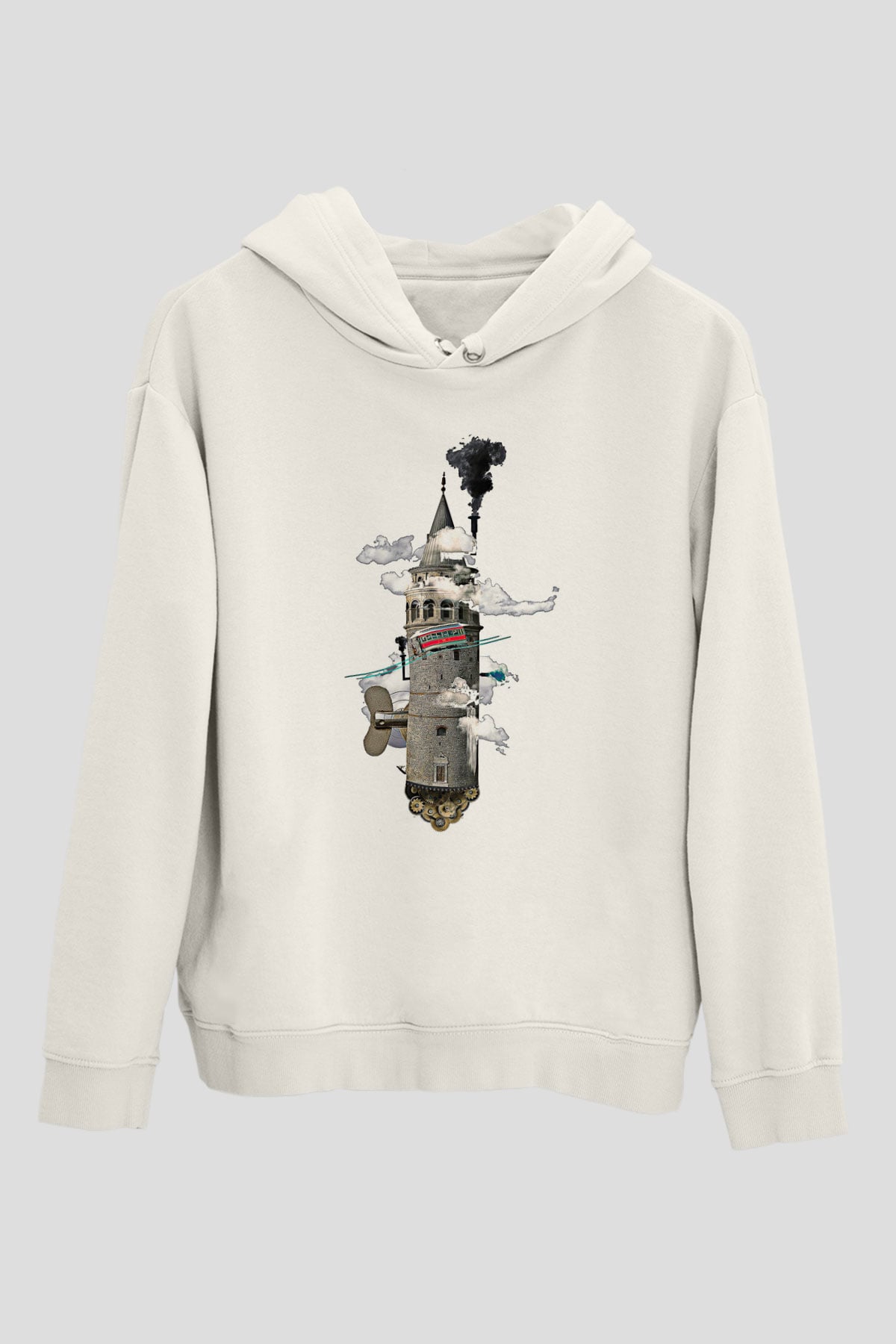 Galata Kulesi Baskılı Beyaz Unisex Hoodie