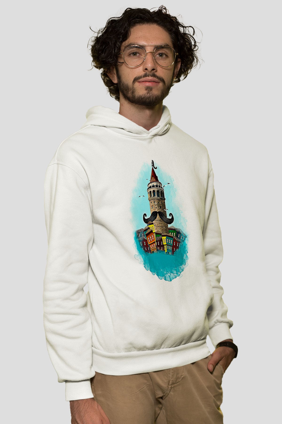 Galata Kulesi Baskılı Beyaz Unisex Hoodie