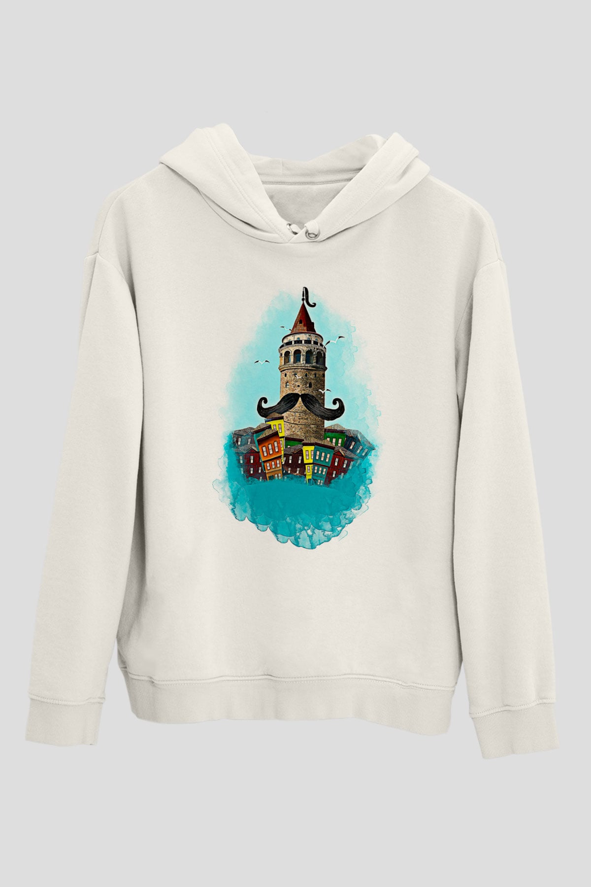 Galata Kulesi Baskılı Beyaz Unisex Hoodie