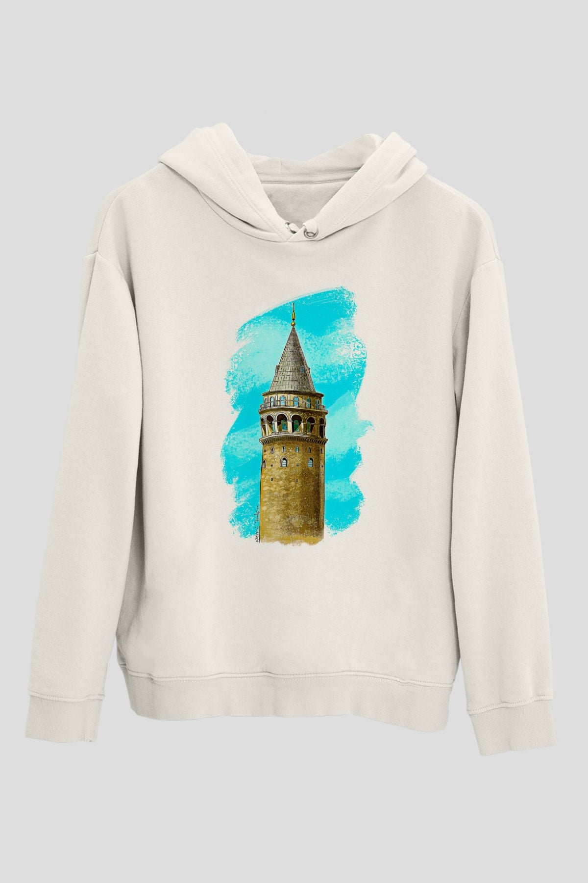 Galata Kulesi Baskılı Beyaz Unisex Hoodie