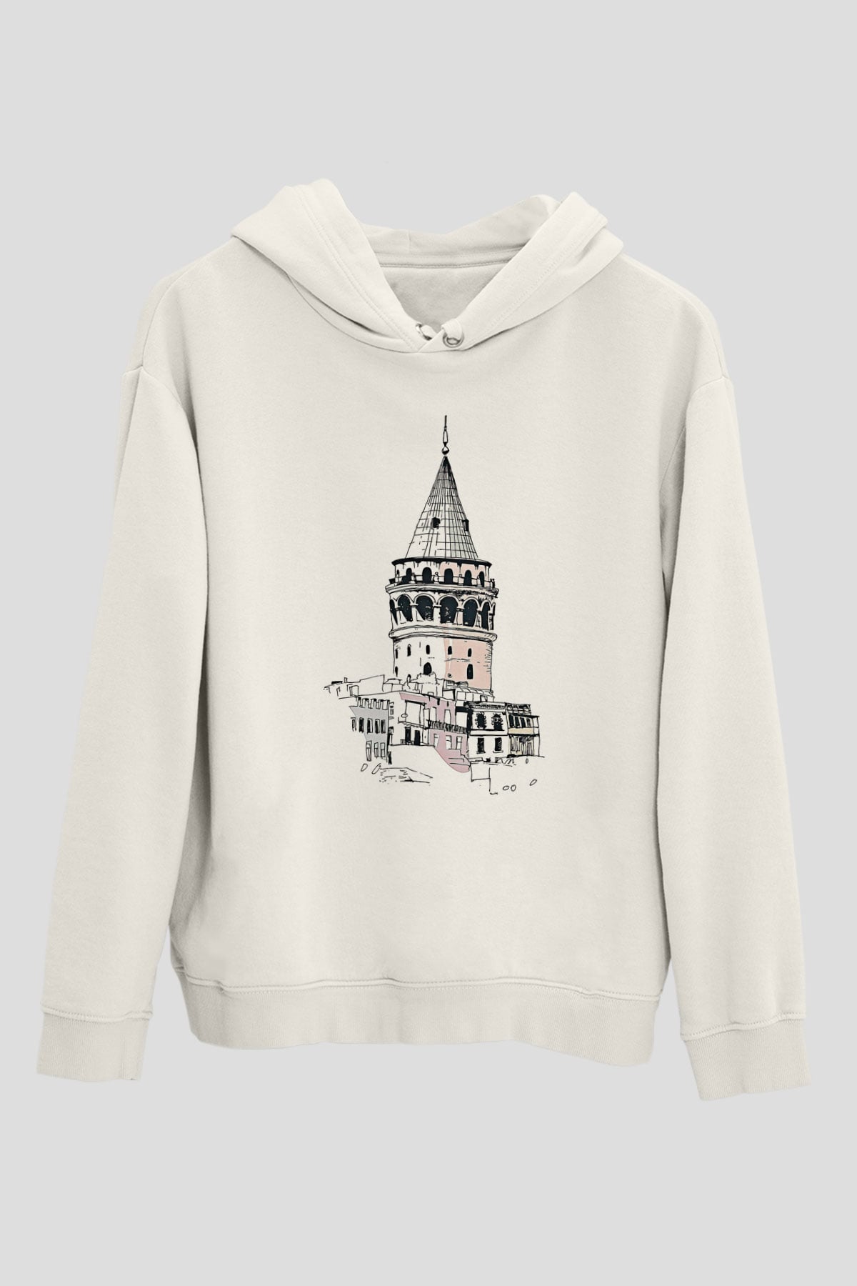 Galata Kulesi Baskılı Beyaz Unisex Hoodie