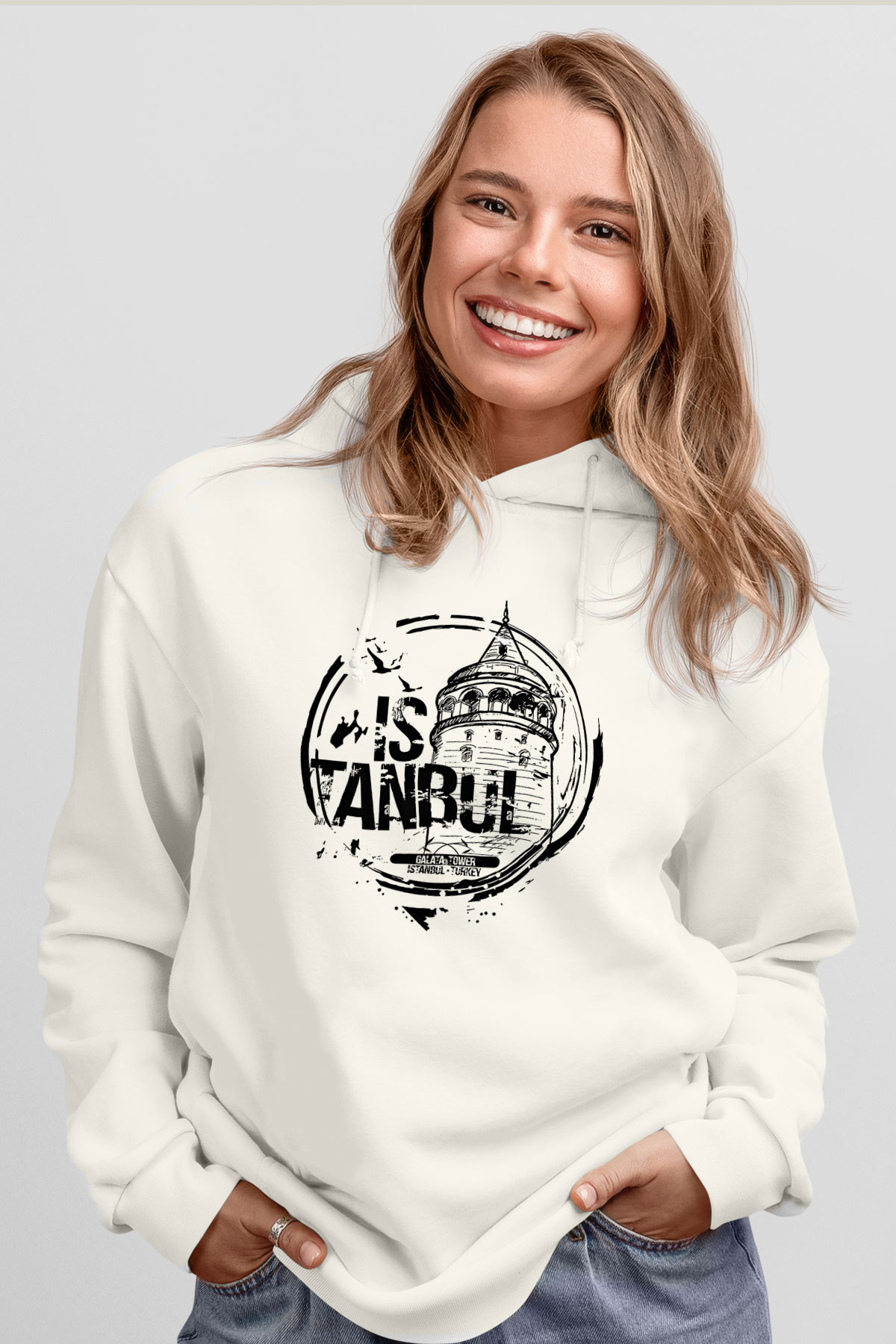 Galata Kulesi Baskılı Beyaz Unisex Hoodie