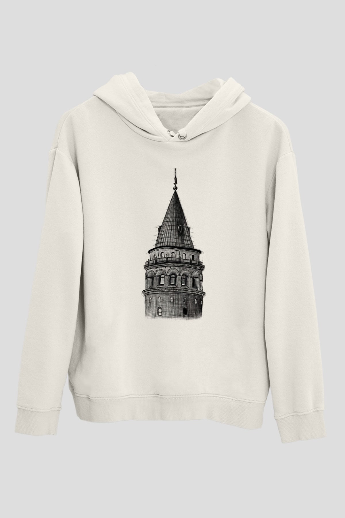 Galata Kulesi Baskılı Beyaz Unisex Hoodie