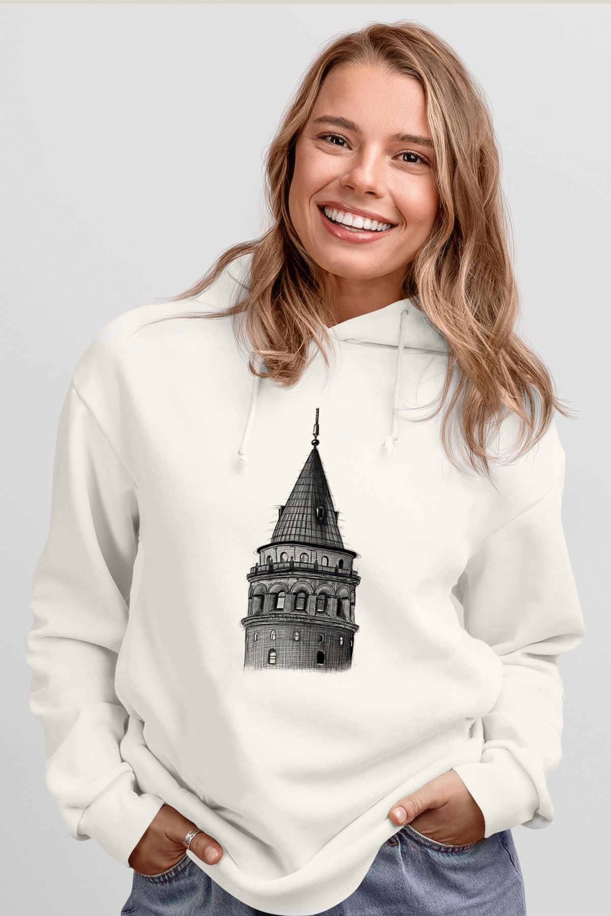 Galata Kulesi Baskılı Beyaz Unisex Hoodie