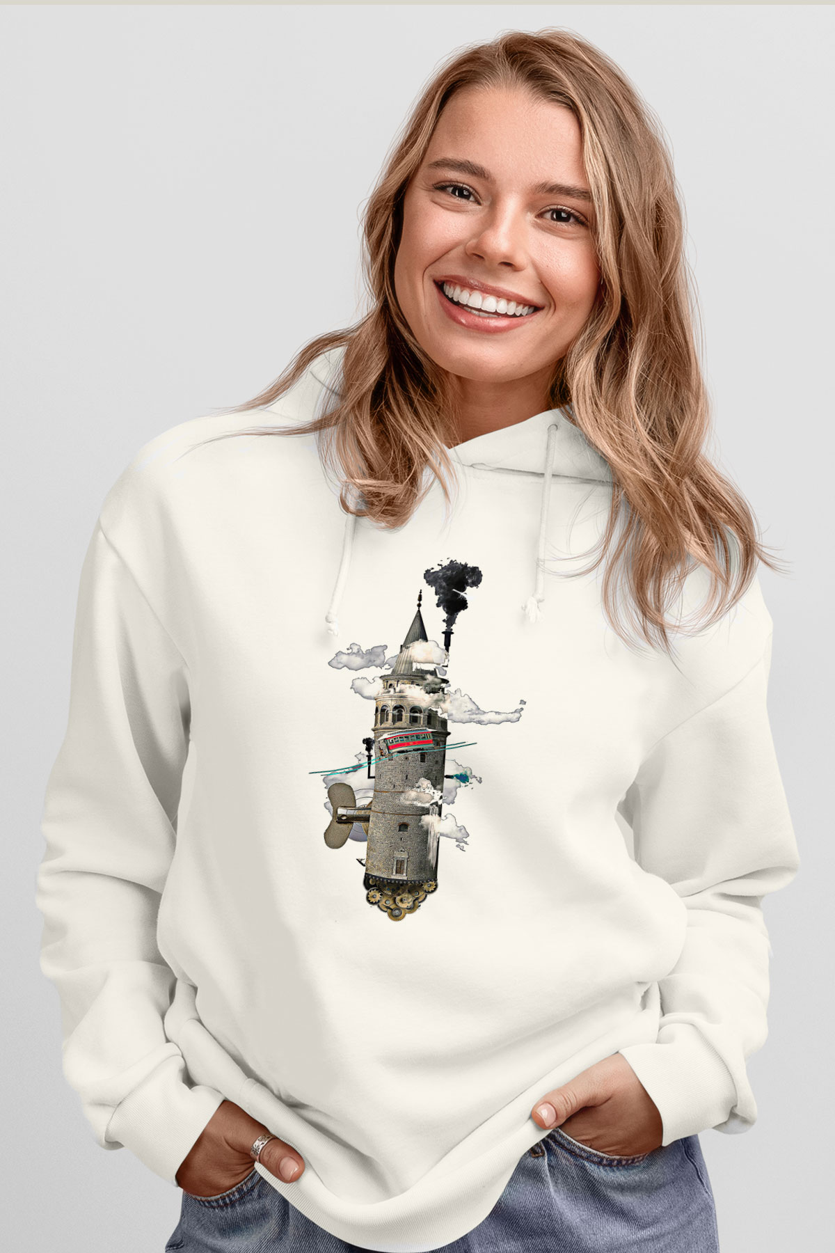 Galata Kulesi Baskılı Beyaz Unisex Hoodie