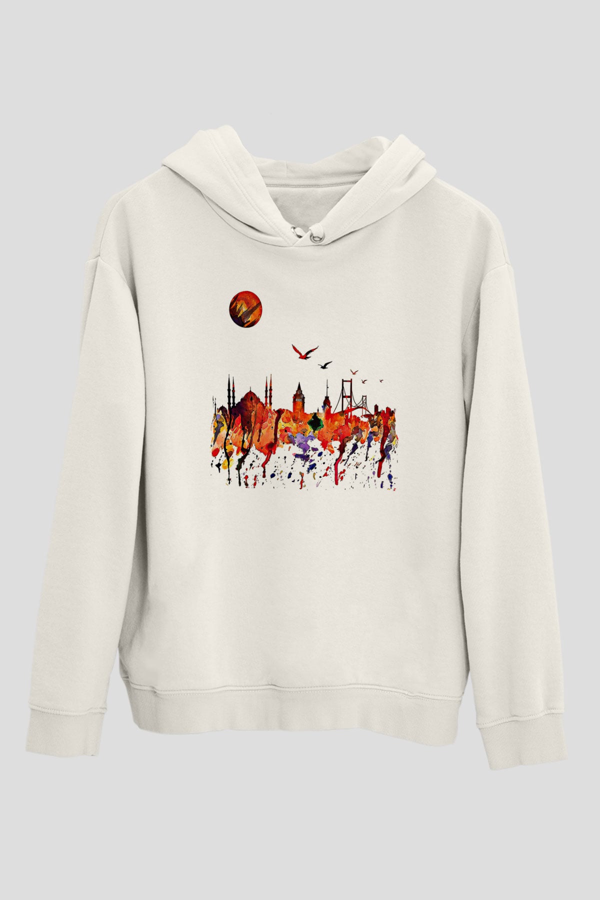 Galata Kulesi Baskılı Beyaz Unisex Hoodie