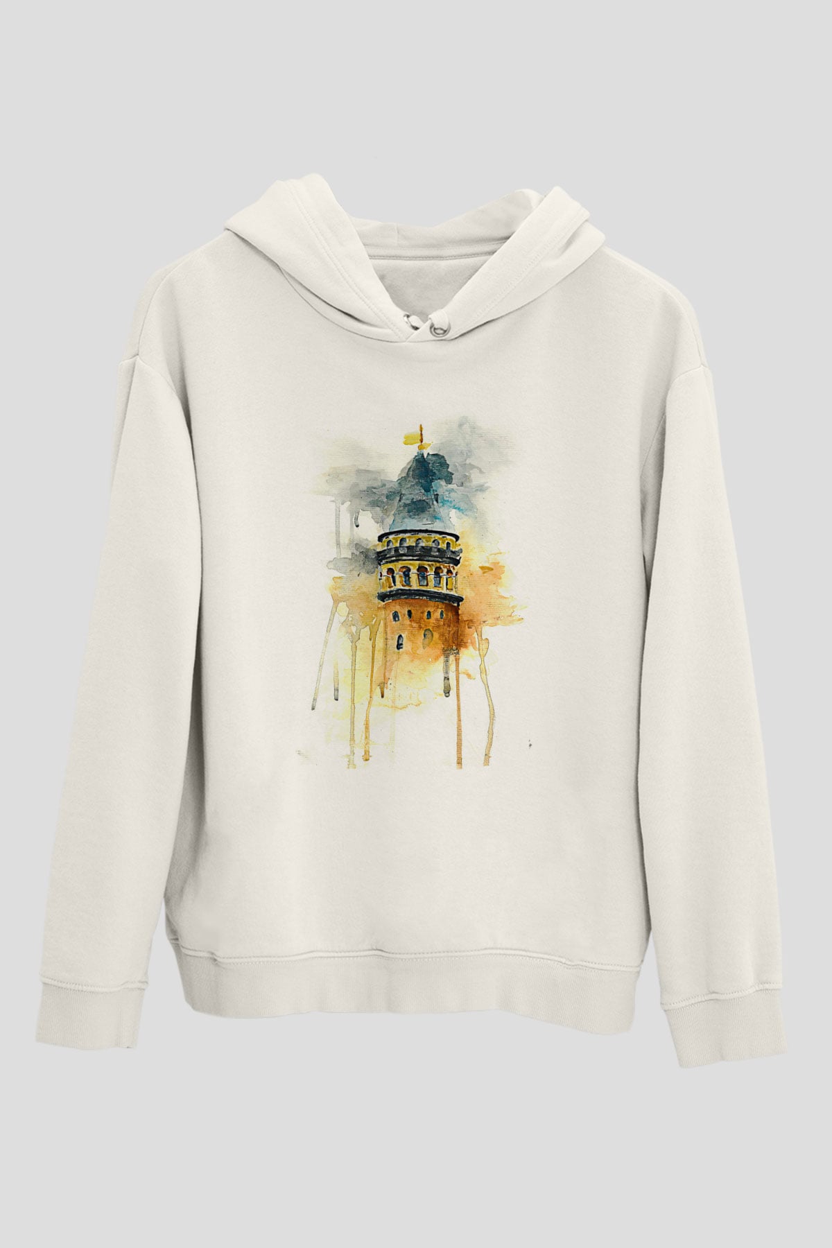 Galata Kulesi Baskılı Beyaz Unisex Hoodie